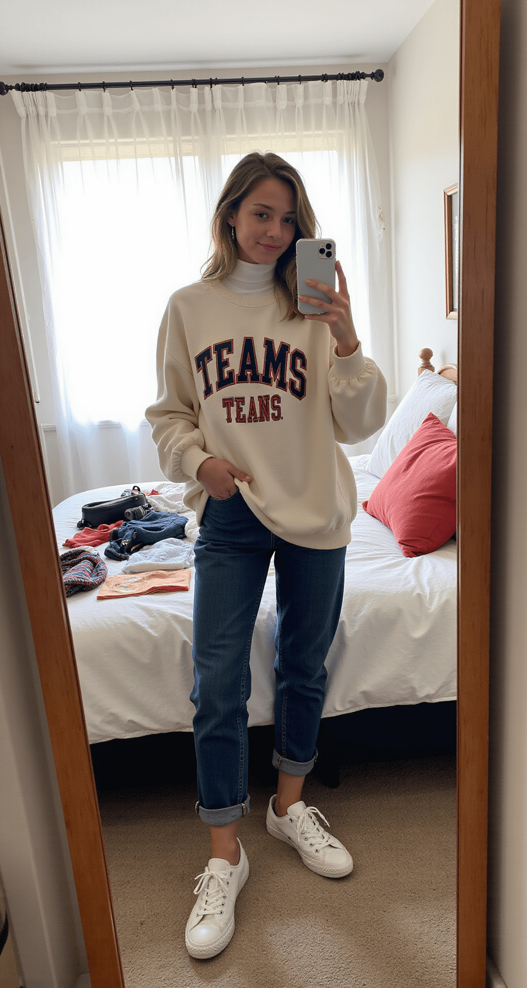 A student takes a full-length mirror selfie in a bright dorm room, wearing a vintage thrifted team sweatshirt layered over a white turtleneck, dark wash mom jeans, and white tennis shoes. Game day accessories are spread out on the bed behind her, illuminated by soft, diffused window light that highlights the texture and fabric details.