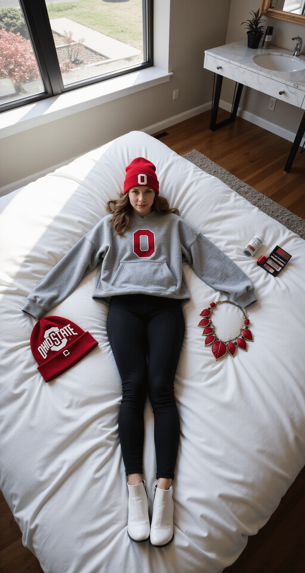 A bird's-eye view of a modern apartment bedroom featuring a female student laying out a game day outfit on white bedding. The outfit includes an oversized gray Ohio State hoodie, black high-waist leggings, a scarlet beanie with Block O, and white ankle boots. Surrounding the outfit are details like scarlet and gray face paint supplies and a statement buckeye leaf necklace on a marble vanity, illuminated by morning light streaming through the windows.
