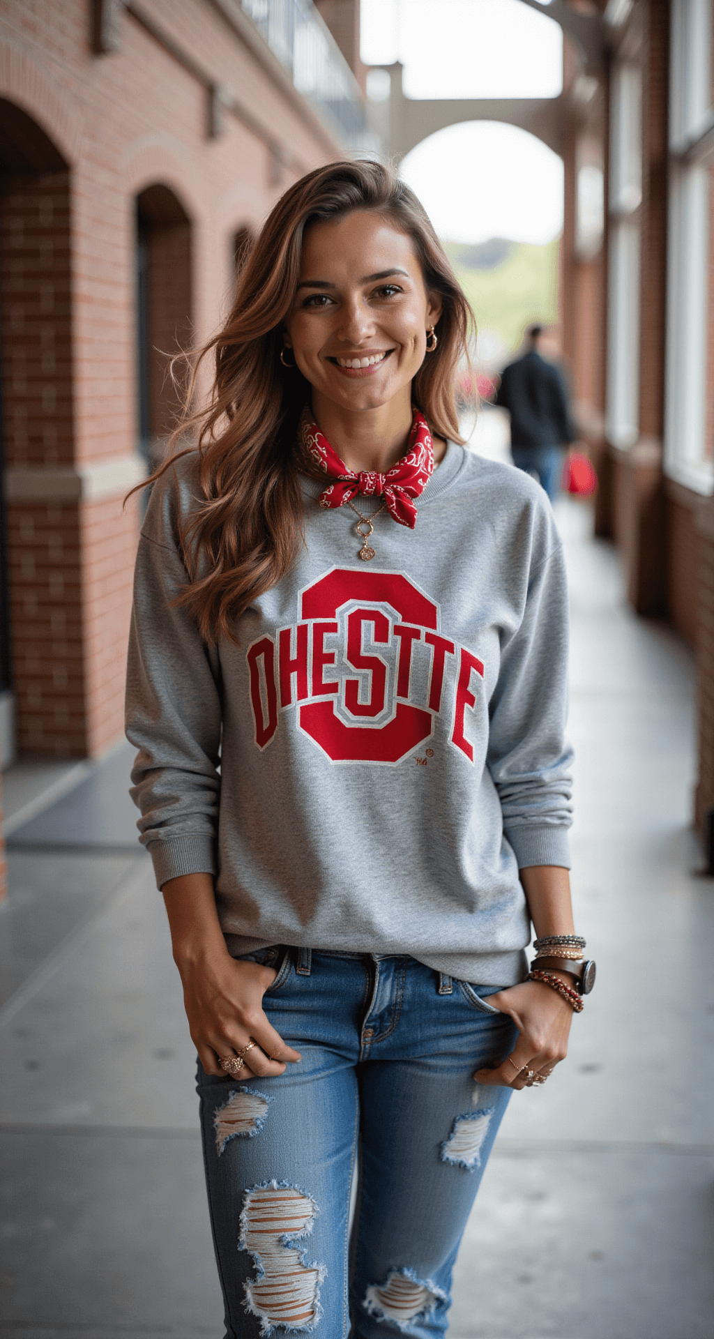 Close-up image of a woman in a vintage OSU crewneck sweatshirt and distressed mom jeans, accessorized with a red bandana and Buckeye-themed bracelets, standing in a stadium concourse with natural light filtering through the architecture.