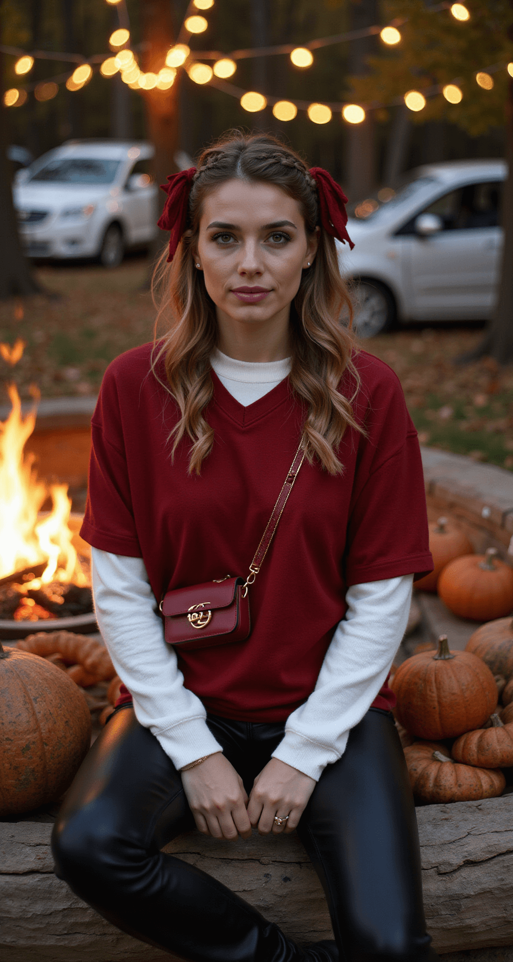 A cozy fall tailgate scene at dusk features a model in a scarlet oversized jersey over a white thermal, complemented by black leather leggings and ankle boots. Her hair is styled in a braided crown adorned with subtle scarlet ribbons, and she wears minimal gold jewelry with a small scarlet crossbody bag. The background is filled with fairy lights bokeh, captured in lifestyle editorial style.
