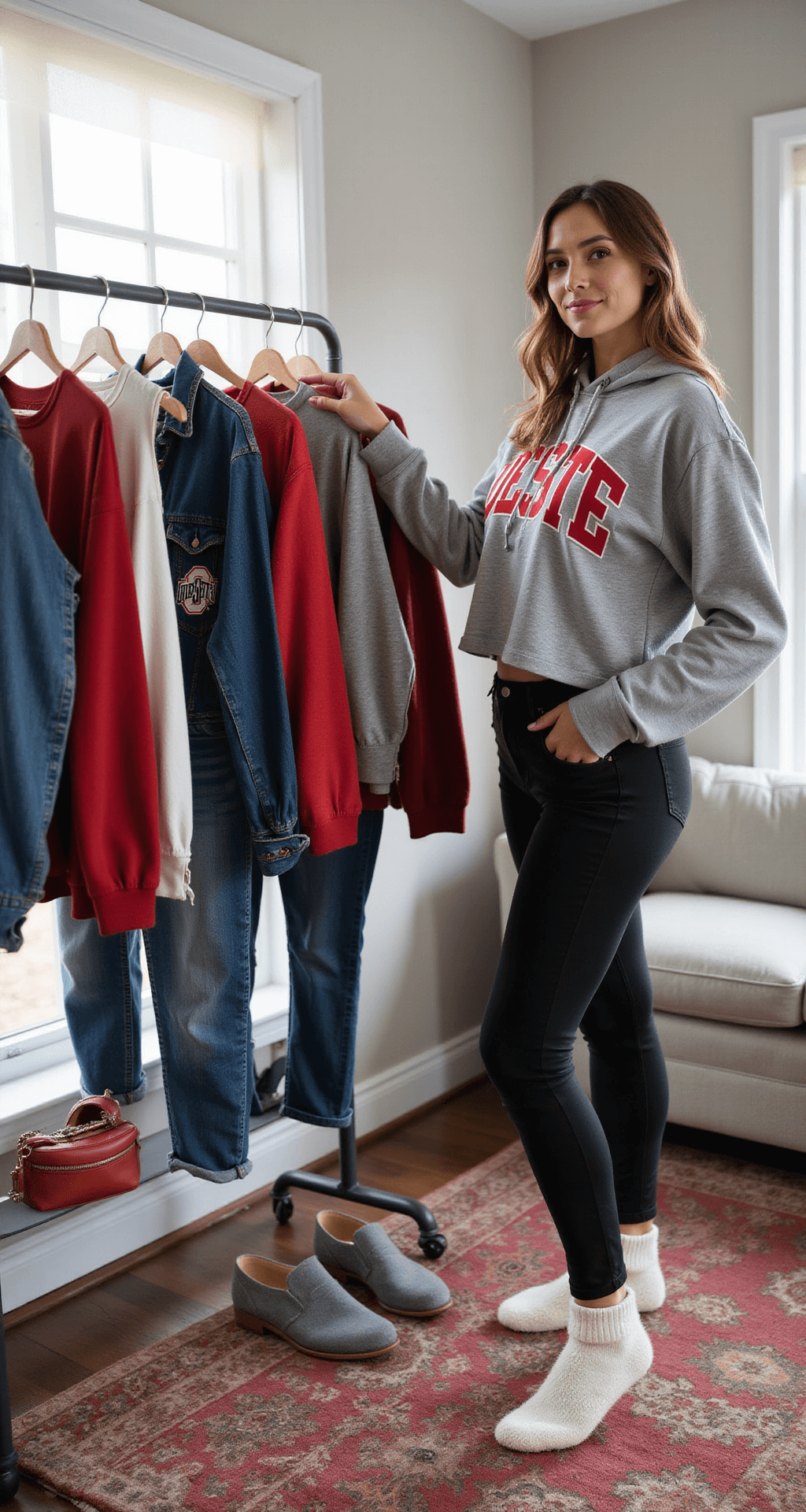 A modern living room on game day, featuring a model arranging a rail of OSU outfit options, including vintage and new tops, denim pieces, and scarlet and gray accessories. The model wears a cropped gray OSU hoodie, black leggings, and fuzzy socks. Soft window light illuminates the lifestyle interior in a wide-angle shot.