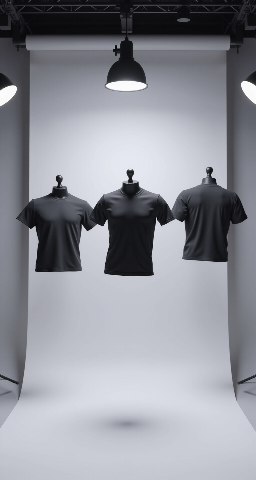 A modern photography studio featuring floating virtual fashion mock-ups of black t-shirts on Roblox avatars, illuminated by soft lighting against a pearl-white backdrop, with holographic UI elements displaying customization options and fabric textures.