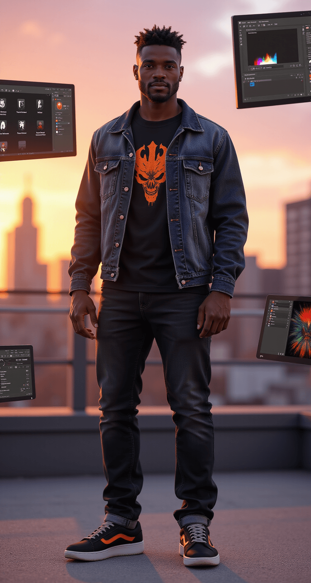 A black male Roblox avatar poses in an urban rooftop setting during golden hour, wearing a designer-inspired black graphic tee under a denim jacket. The city skyline is visible in the background, illuminated by warm sunset light that highlights the outfit's details. Multiple screens showcasing the digital design process float nearby, featuring ultra HD rendering and cinematic lighting.