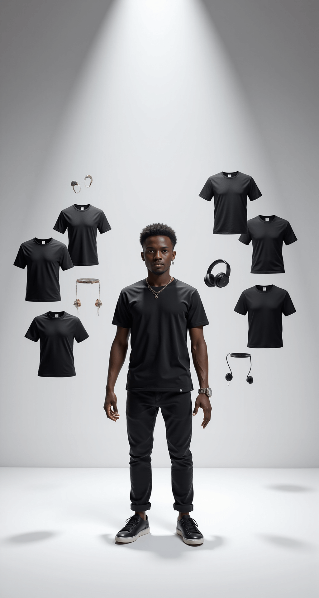 A black male Roblox avatar in T-pose is set against a clean, minimalist white background, surrounded by a circular display of various black t-shirt styles and accessories. Dramatic spotlight lighting enhances texture details and casts shadows, while floating UI elements present customization options, all captured in a sharp, editorial photography style.