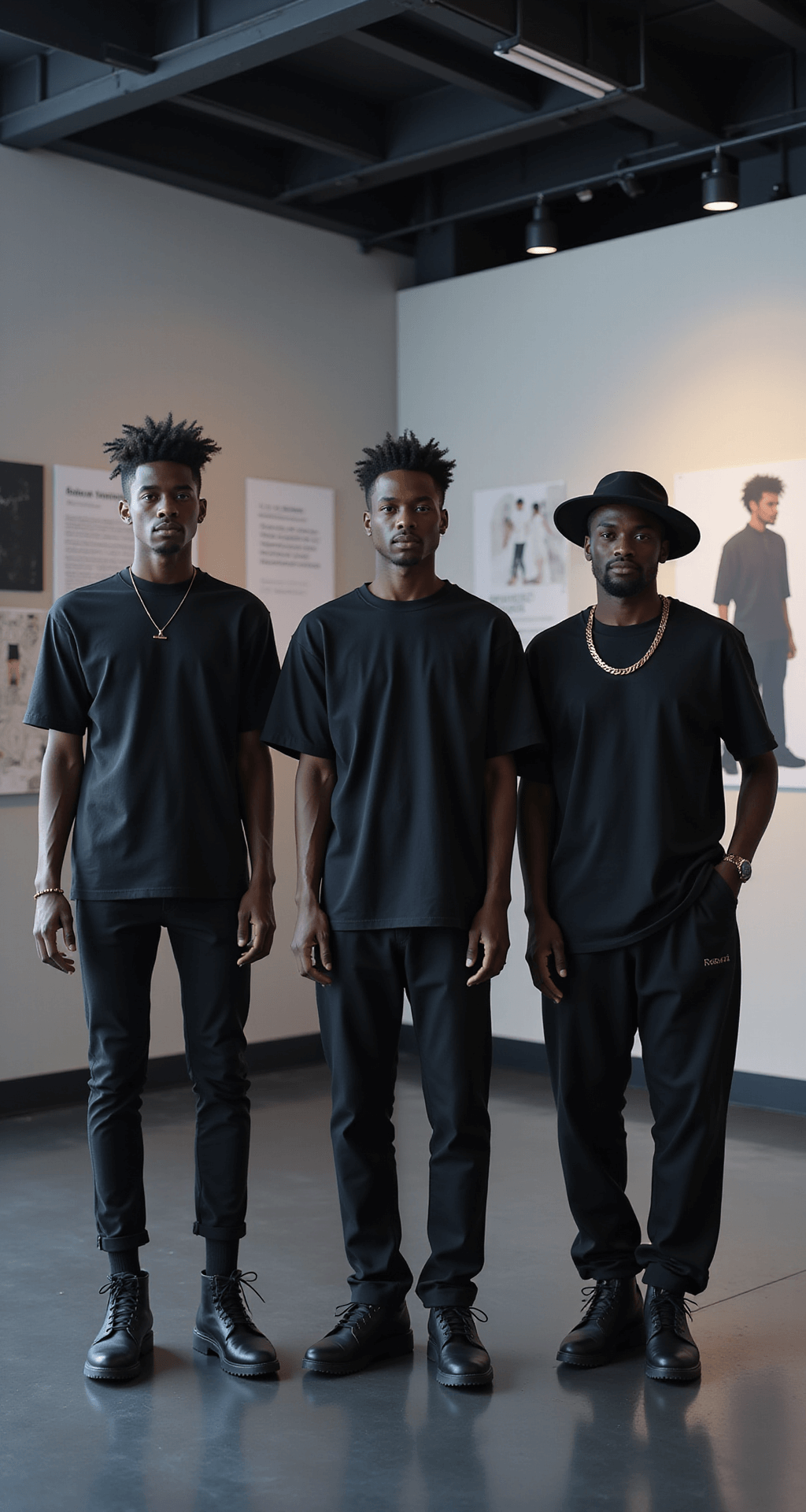 A virtual fashion studio featuring multiple black male Roblox avatars displaying a variety of black t-shirts and accessories, with digital mood boards and style guides in the background; soft, diffused lighting highlights the outfit layering and coordination in a high-end commercial photography style.