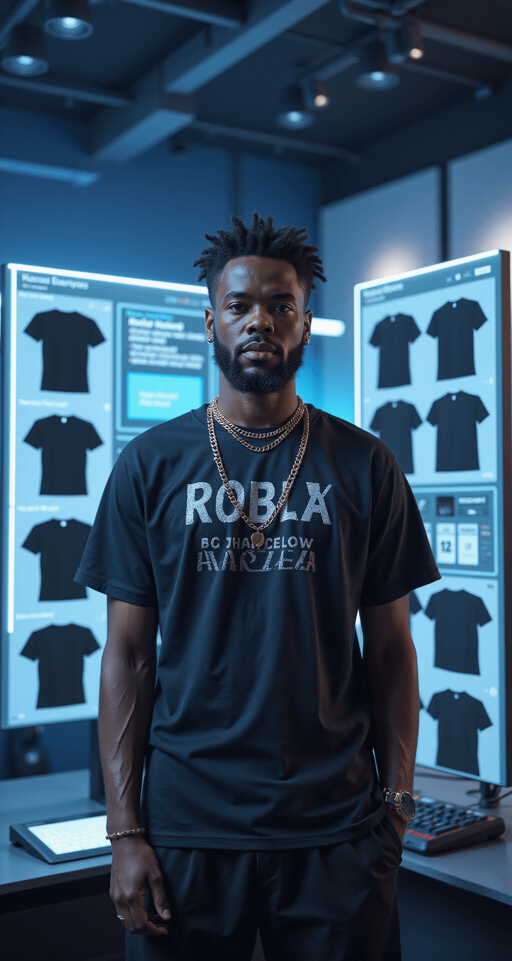Digital design workspace featuring holographic displays of black t-shirt templates and customization tools, highlighting a black male Roblox avatar in a personalized graphic tee with chain accessories, all enhanced by ambient blue lighting and tech-inspired glows.