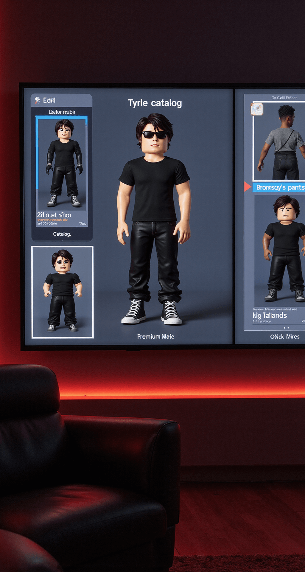 A contemporary gaming lounge with a wall of screens showcasing the Roblox catalog interface; the center screen features a black male avatar in a premium black t-shirt with layered styling options, while side screens display matching accessories and pants combinations, all under warm, indirect lighting with subtle color accents.