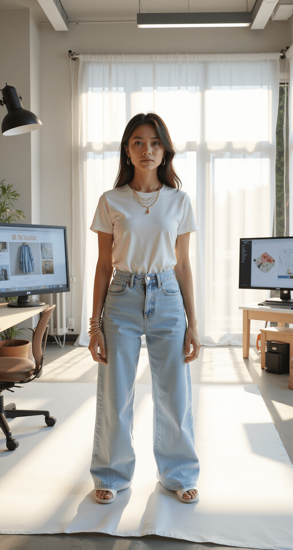 A sunlit Roblox avatar studio featuring a female avatar in a white t-shirt and high-waisted pastel blue denim, adorned with rose gold accessories. Floor-to-ceiling windows illuminate the space, revealing Pinterest boards of Y2K fashion on studio monitors, while ethereal afternoon light filters through sheer curtains.