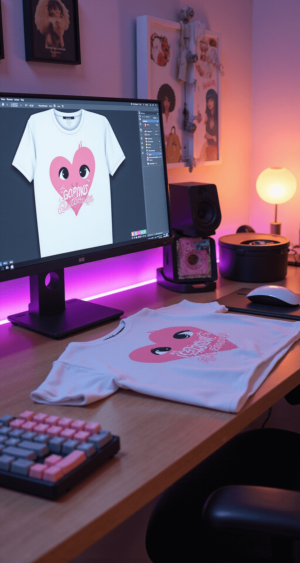 A close-up of a modern gaming setup featuring dual monitors showing the Roblox Catalog and Customuse interface, with a focused view of a white t-shirt design in progress that includes kawaii-style heart graphics and soft pink accents. The pastel-themed desk has gaming accessories, a mechanical keyboard with custom keycaps, and a mood board of Y2K fashion trends, all illuminated by warm LED lighting for a cozy vibe.