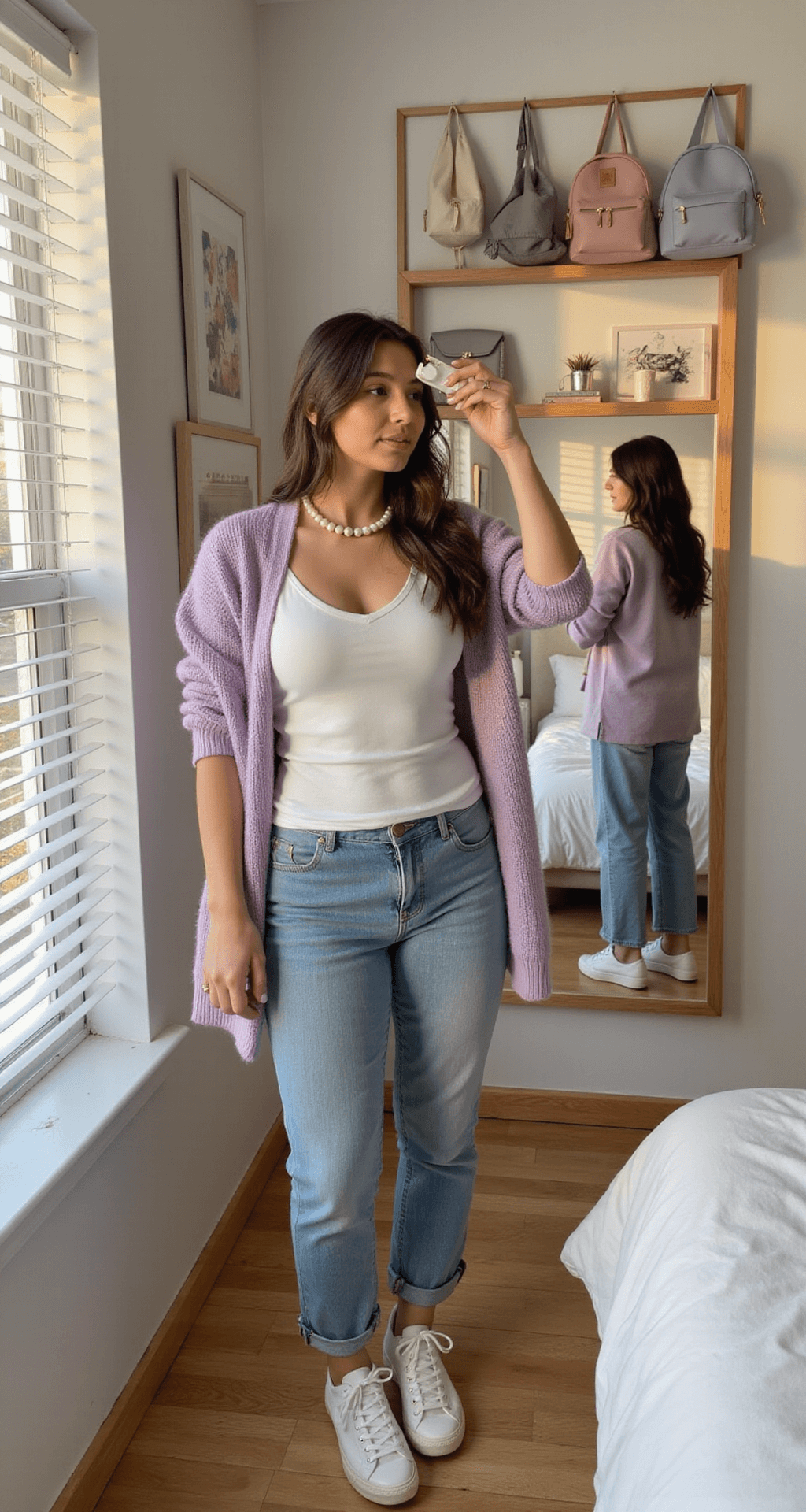 Aesthetic bedroom scene featuring an avatar trying on various white t-shirt styles in a full-length mirror, surrounded by pastel-shaded mini backpacks and accessories on floating shelves, styled with a lavender cardigan, pearl necklace, and white platform sneakers, illuminated by golden hour lighting streaming through venetian blinds.