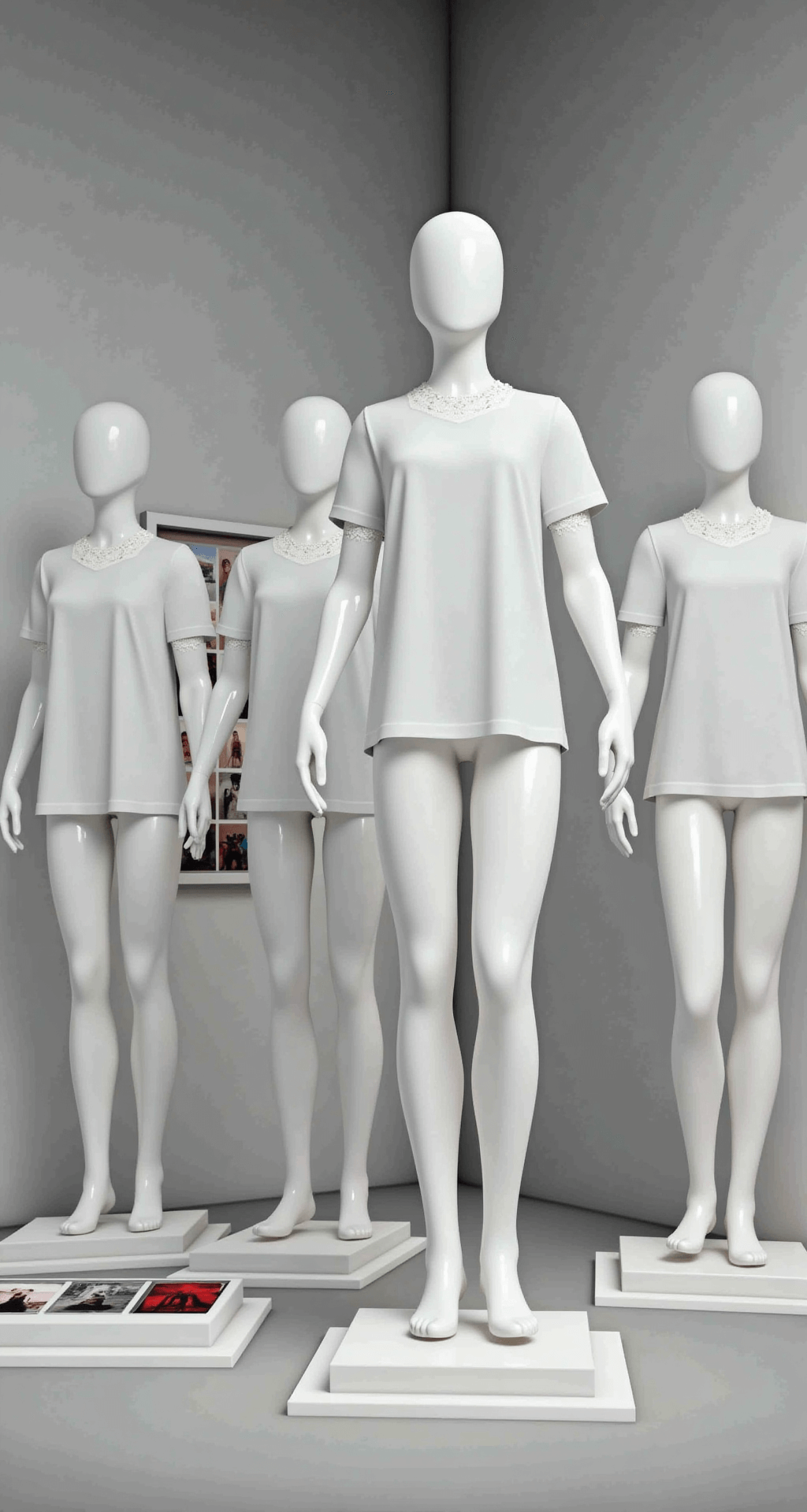 A clean and minimalist Roblox design studio with mannequins dressed in white t-shirts adorned with lace trim. Holographic screens showcase customization options and color palettes, alongside an organized workspace featuring fabric swatches, a digital drawing tablet, and a wall filled with TikTok fashion screenshots, all under soft, diffused overhead lighting that highlights texture details.