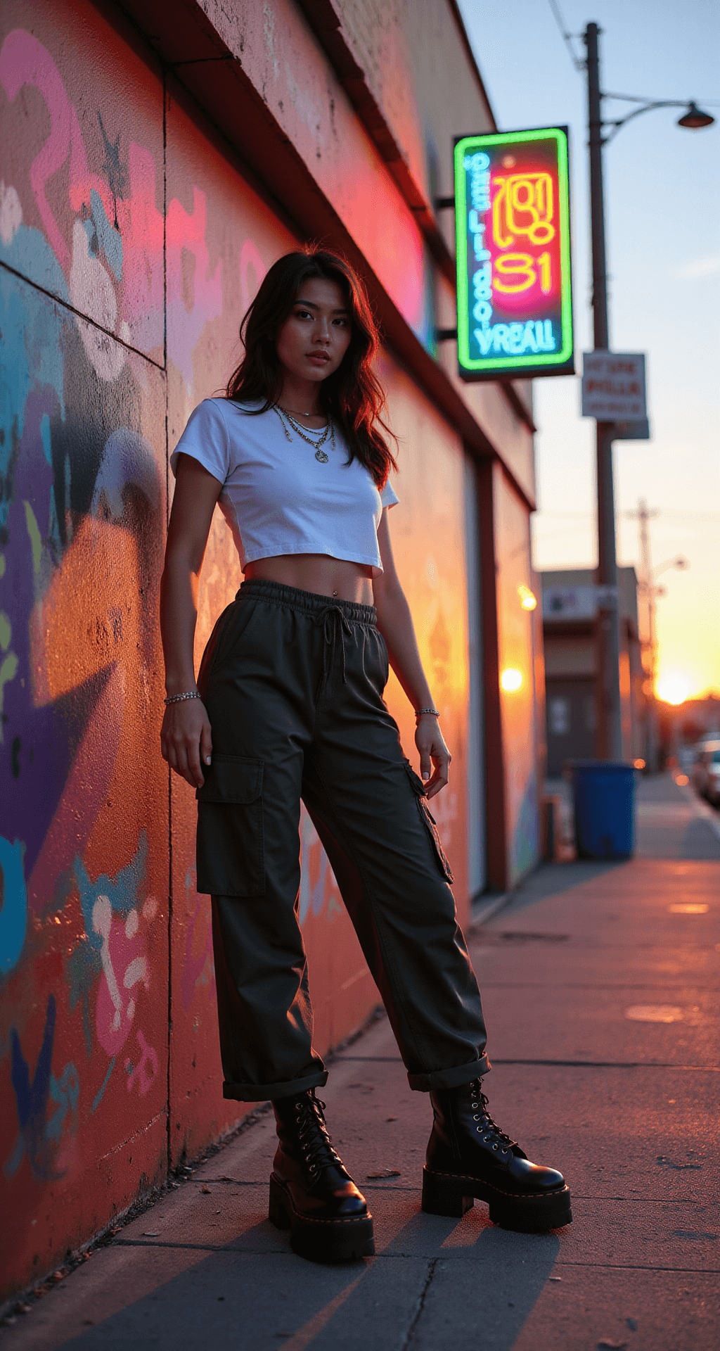 A virtual photoshoot scene featuring an avatar posing against a vibrant graffiti wall, dressed in a cropped white tee and high-waisted cargo pants, complemented by chunky platform boots and Y2K-inspired accessories. Neon street signs illuminate the setting while a dramatic sunset casts long shadows, captured with a wide-angle lens for full environmental context.