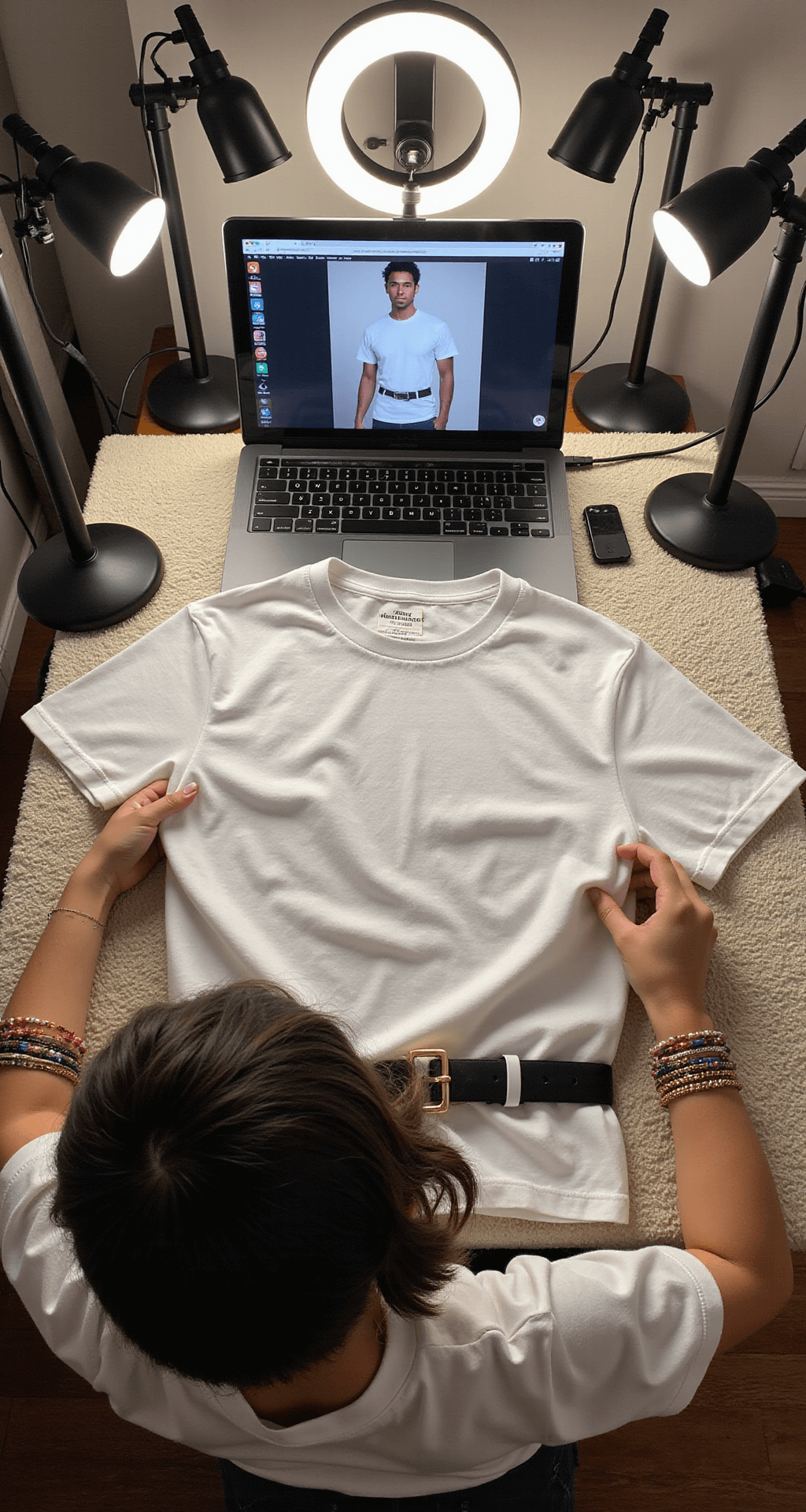 A cozy virtual influencer workspace featuring an avatar photographing layered white t-shirt combinations. The scene includes a mini backpack, a statement belt, and stacked bracelets, all illuminated by multiple ring lights. A laptop displays trending Roblox fashion hashtags, and the image is shot from above, showcasing an organized flat-lay arrangement.