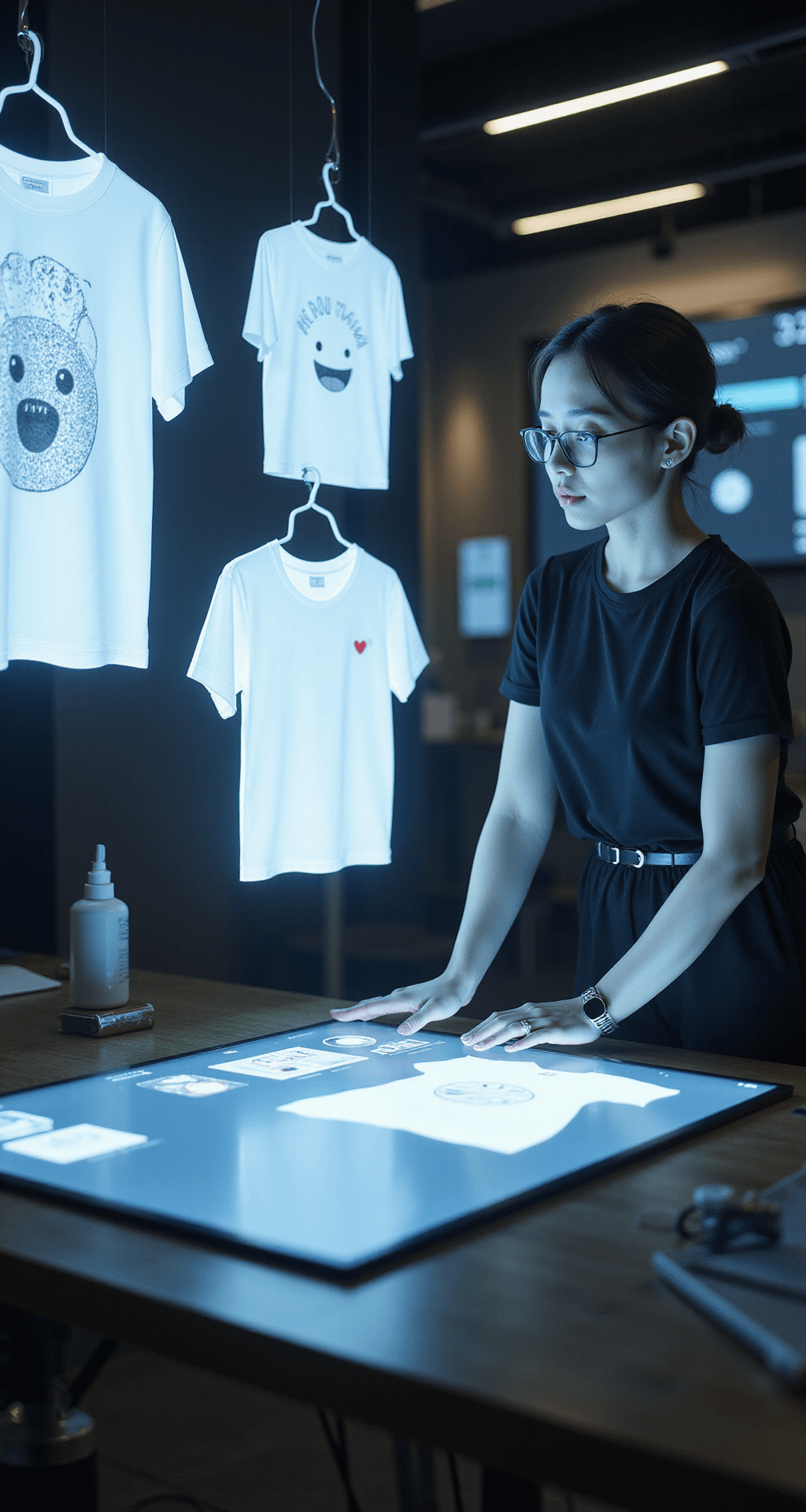 A digital fashion atelier featuring holographic projections of customizable white t-shirt designs, with an avatar working on kawaii face and heart graphics, illuminated by geometric light patterns from screens displaying trending design features, captured in shallow depth of field.