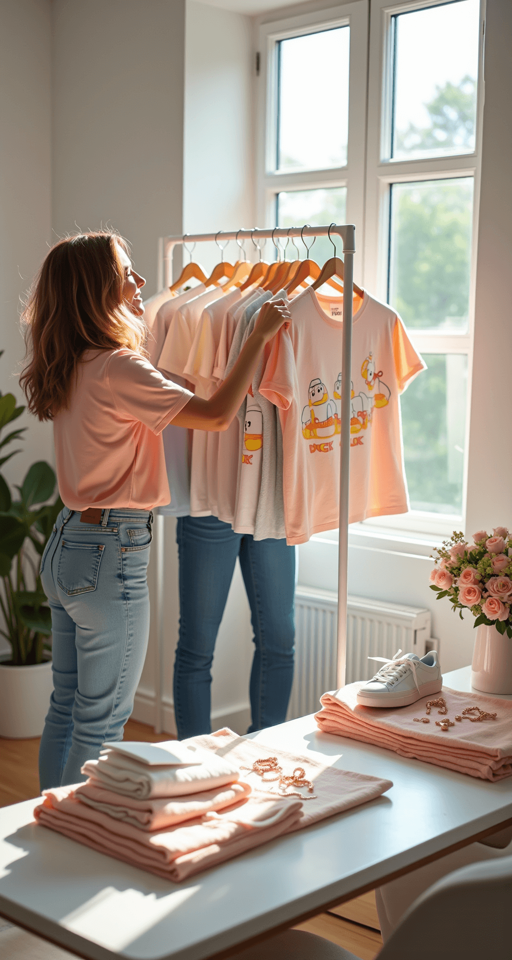 Sunlit minimalist bedroom studio with a fashion influencer organizing Duck Roblox t-shirts on a white rack, featuring denim jeans and white sneakers. A marble desk displays rose gold jewelry and hair accessories, with natural light accentuating playful duck designs.