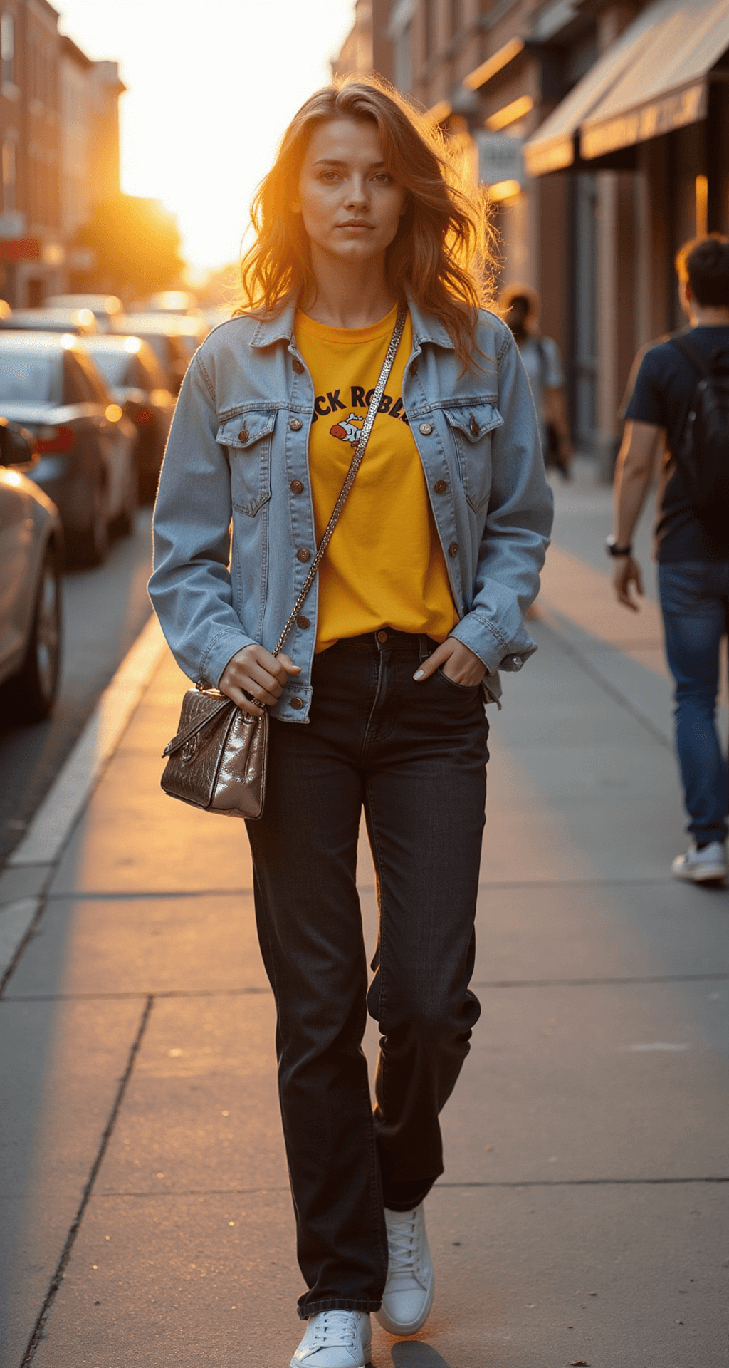 A young woman confidently walks down a trendy urban street during golden hour, wearing a yellow Duck Roblox tee, distressed light-wash denim jacket, high-waisted black mom jeans, and white platform sneakers. Her small metallic crossbody bag reflects the warm sunset light, captured with slight motion blur from street level for an editorial fashion aesthetic.