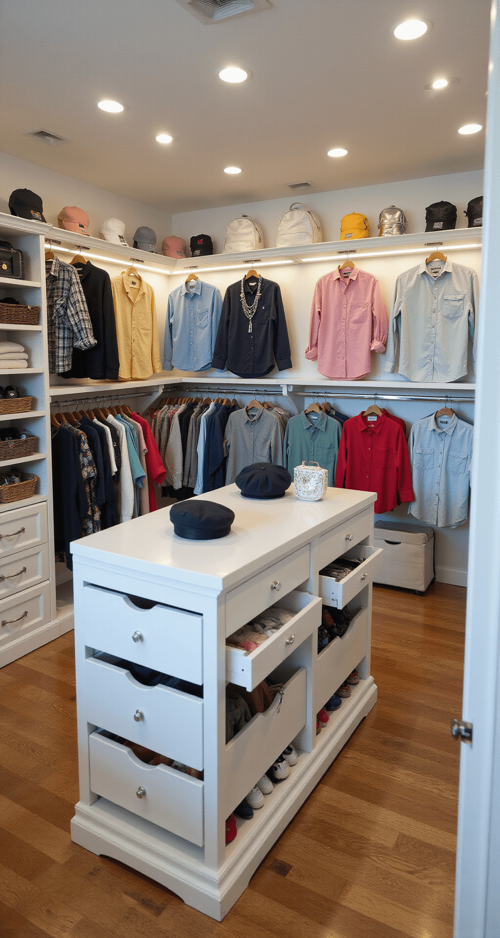 A bright, airy walk-in closet featuring a curated collection of Duck Roblox shirts for various occasions, organized with transparent garment bags, LED lighting, and accessory drawers. A central island showcases color-coordinated berets, chunky necklaces, and mini backpacks, all captured from above to highlight the stylish layout.