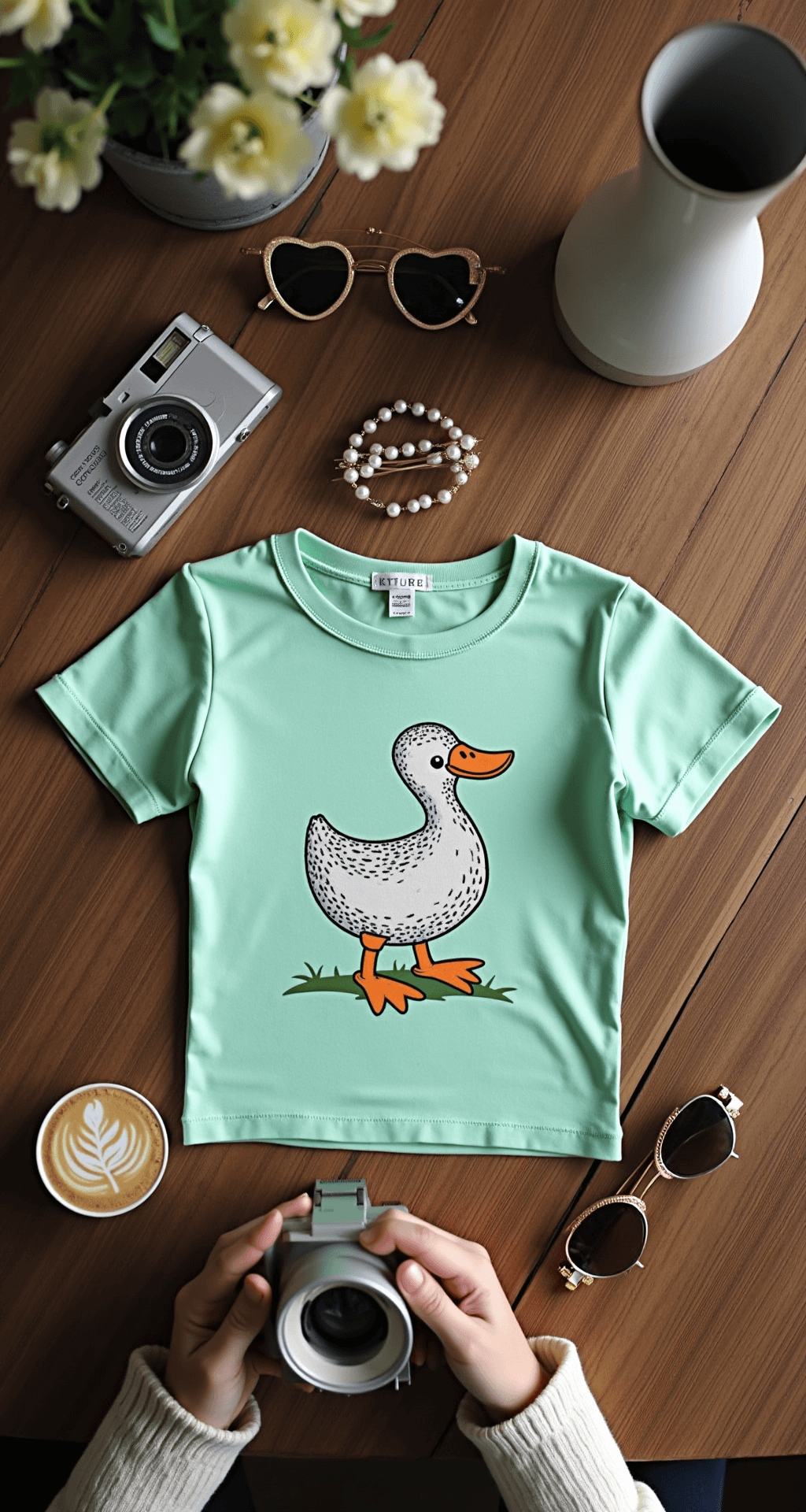 A cozy coffee shop corner features a fashion blogger photographing a flat lay of a mint green Duck Roblox tee, surrounded by pearl hair clips, gold-rimmed sunglasses, a vintage camera, and pressed flowers, all illuminated by soft morning light on a rustic wooden table.