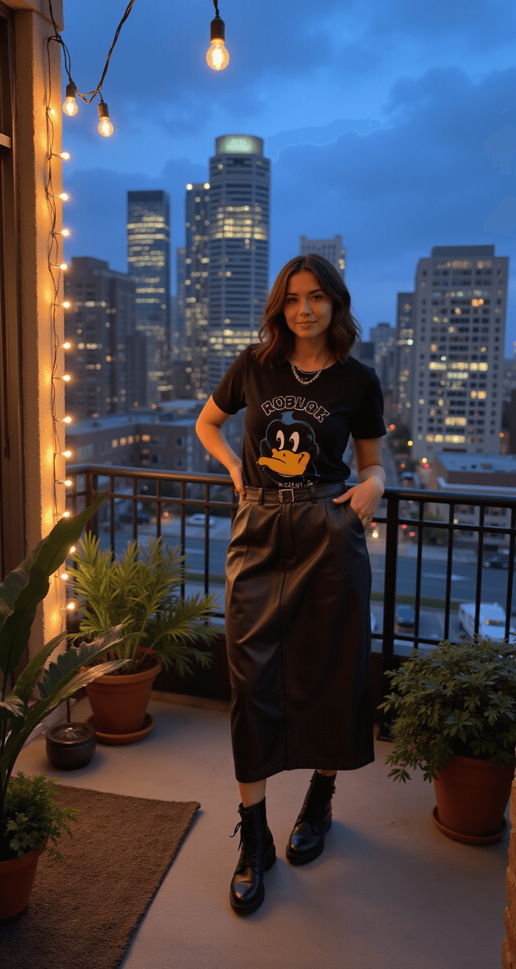 A content creator films a styling video on a modern apartment balcony during blue hour, wearing a black Duck Roblox tee with a silk midi skirt, combat boots, and layered silver necklaces. The cozy scene is enhanced by string lights and potted plants, with an urban skyline in the background.