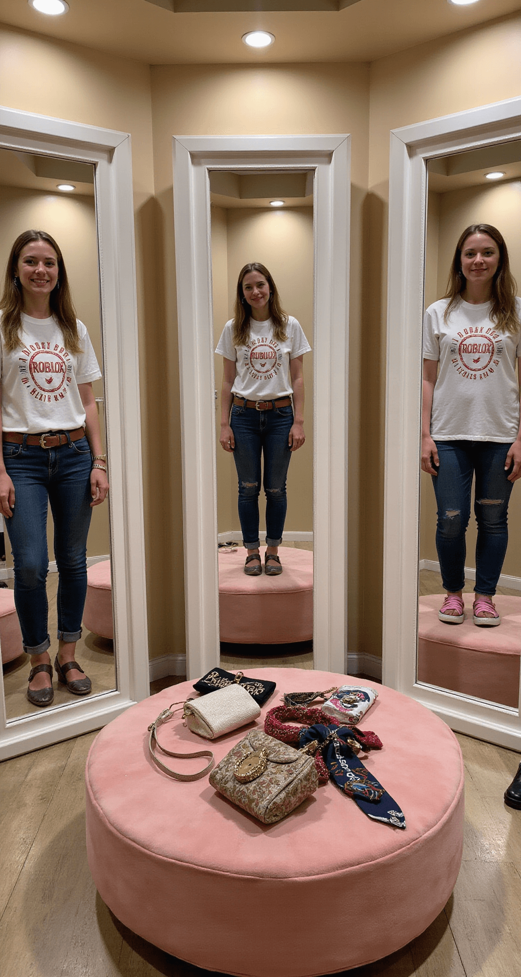 A boutique dressing room featuring three full-length mirrors reflecting different styling combinations of Duck Roblox tees, with a plush pink ottoman in the center surrounded by designer handbags, silk scarves, and statement belts, all illuminated by warm LED lighting.