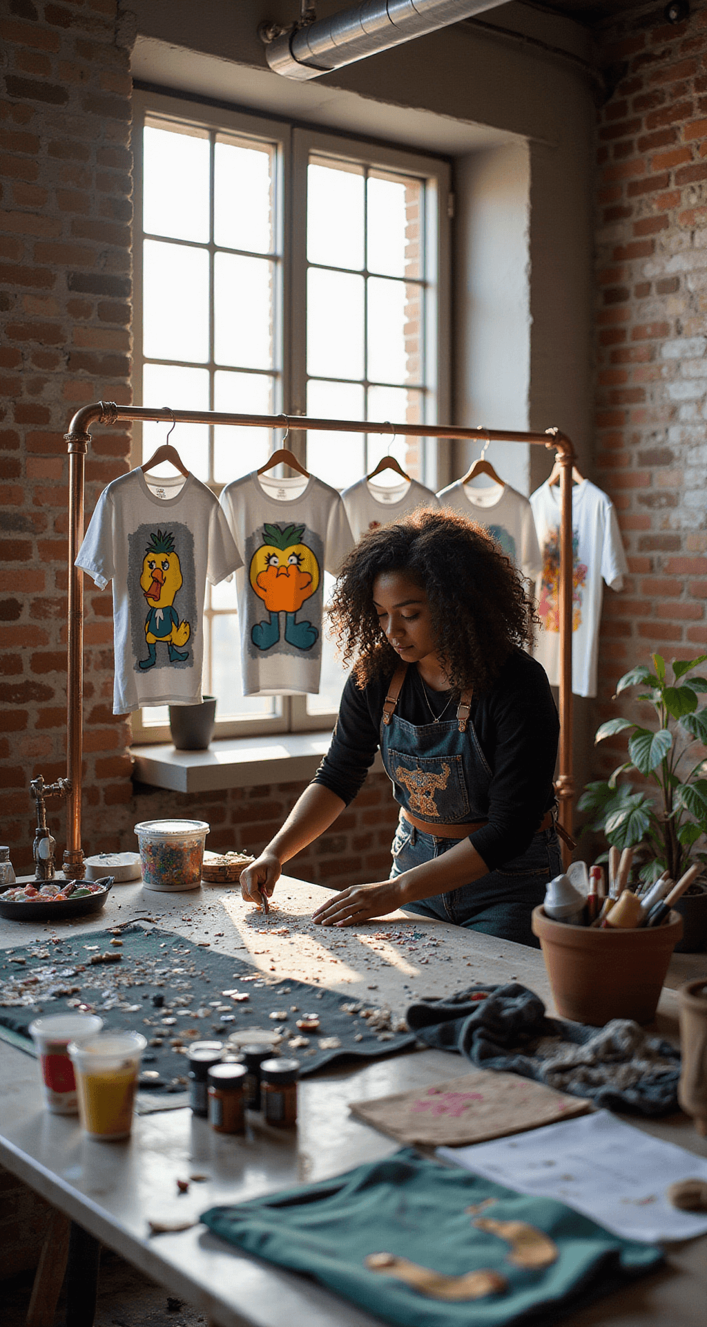 Art studio loft with afternoon light showcasing a fashion designer customizing Duck Roblox tees, work table filled with fabric paints and tools, completed designs hanging on a copper pipe rack, industrial windows, and exposed brick walls for character.