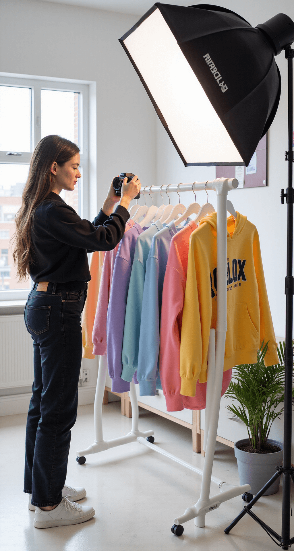 A bright home studio with floor-to-ceiling windows illuminating a fashion influencer arranging colorful Roblox-inspired hoodies on a minimalist rack, alongside a DSLR camera and softbox lighting, with mood boards on clean white walls.