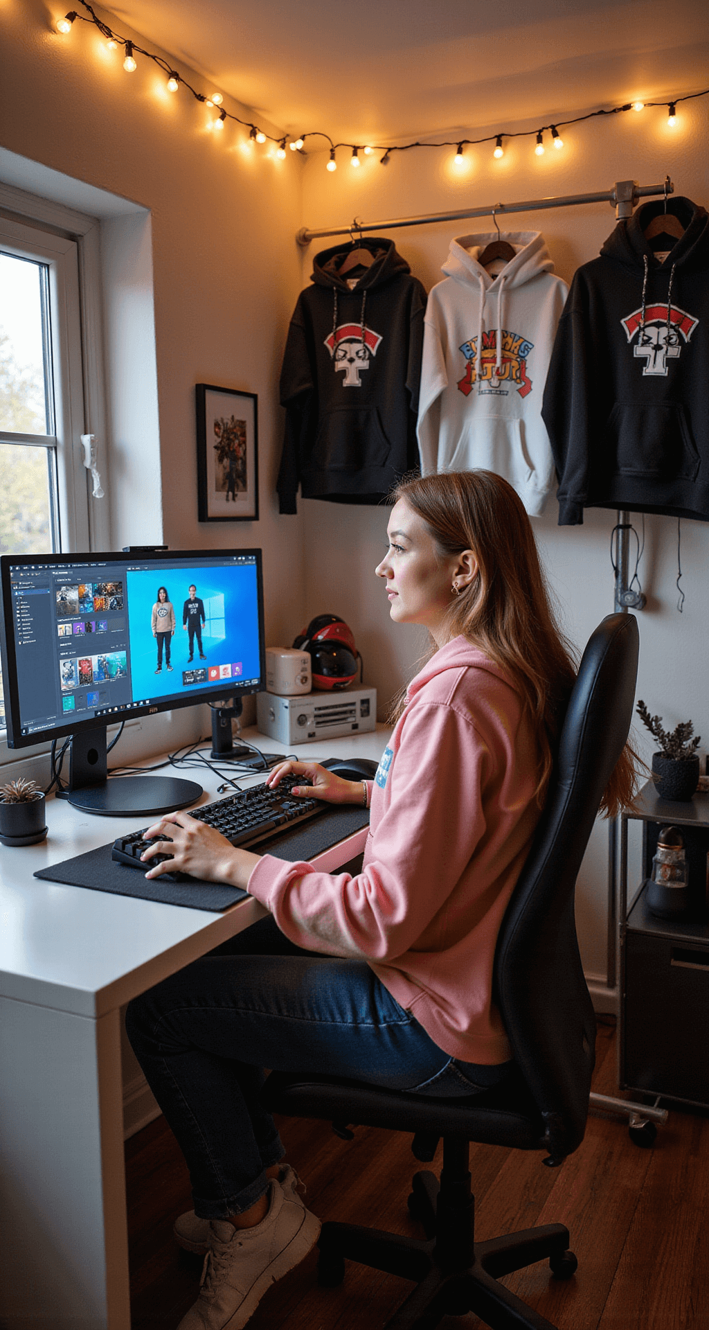 A young female content creator sits at a sleek white desk in a cozy modern gaming room, illuminated by warm afternoon light. She works on a digital hoodie design, surrounded by multiple screens showing Roblox templates and color palettes. The desk is adorned with gaming merchandise, a trendy mechanical keyboard, and creative tools, while string lights provide an ambient glow. In the background, a rack displays her finished custom hoodies, highlighting her successful designs.