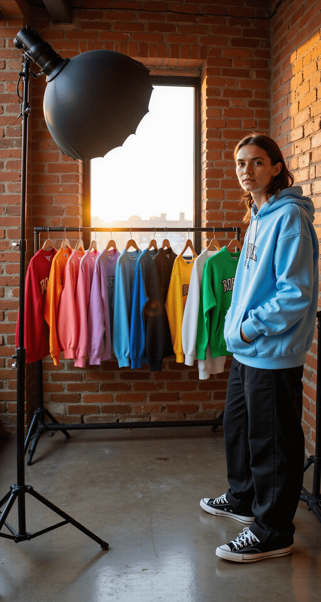 A stylish downtown photography studio with exposed brick walls, illuminated by golden hour light, showcasing a professional photo shoot setup with models in Roblox-inspired streetwear and rails of trendy hoodies in neon, pastel, and minimalist designs, complemented by strategically placed beauty lights and reflectors.