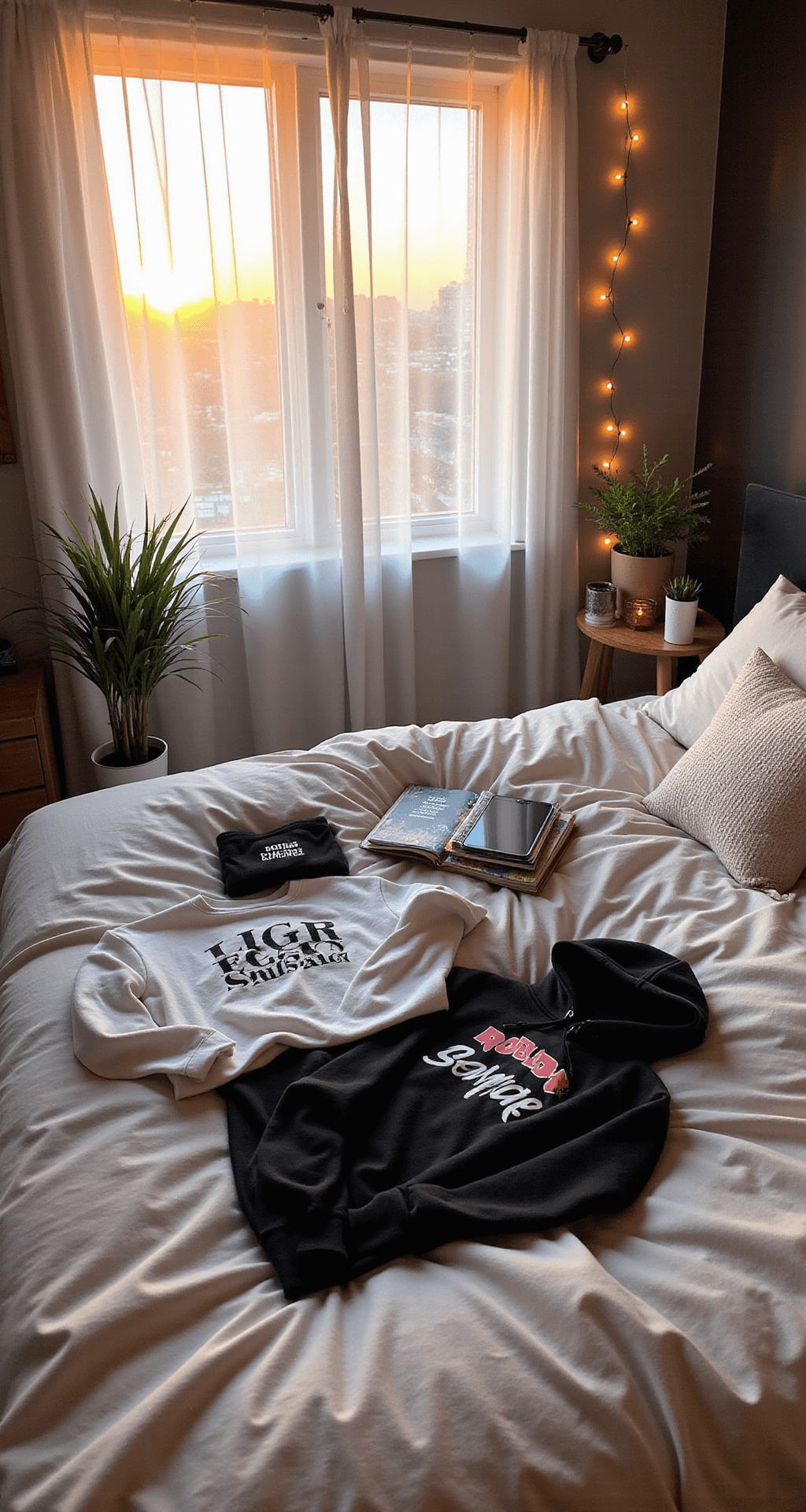 A contemporary bedroom at sunset with warm light filtering through sheer curtains, featuring a fashion blogger arranging Roblox merchandise, including custom hoodies and accessories, on crisp white bedding surrounded by potted plants, trendy magazines, and fairy lights.