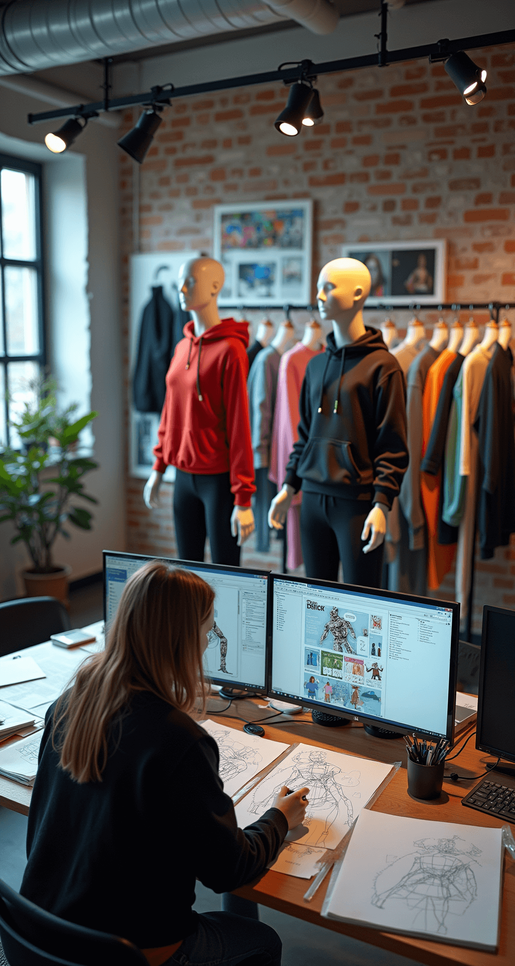 Close-up of a designer in an industrial-chic studio working on hoodie templates, surrounded by fabric swatches and color charts, with mannequins displaying prototype designs and large monitors showing Roblox and design software. An inspiration wall featuring gaming and fashion concepts is in the background.