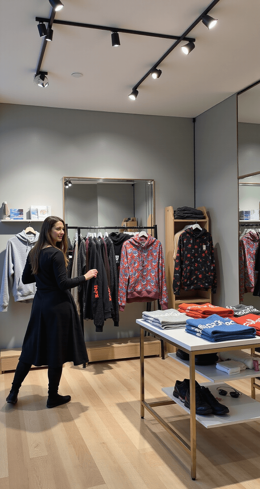 A modern retail space with track lighting and mirror walls, featuring a professional stylist arranging limited edition Roblox hoodies by color. The display includes floating shelves, geometric racks, and a styling station with accessories.