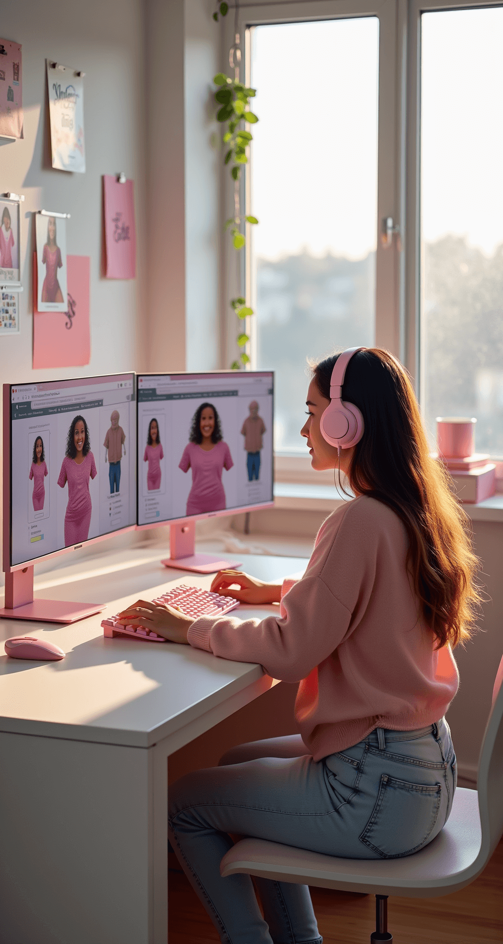 A bright gaming room with large windows, featuring a young female content creator at a minimalist white desk surrounded by pink gaming accessories, dual monitors displaying Roblox character customization, and mood boards on the wall, all illuminated by warm afternoon sunlight.
