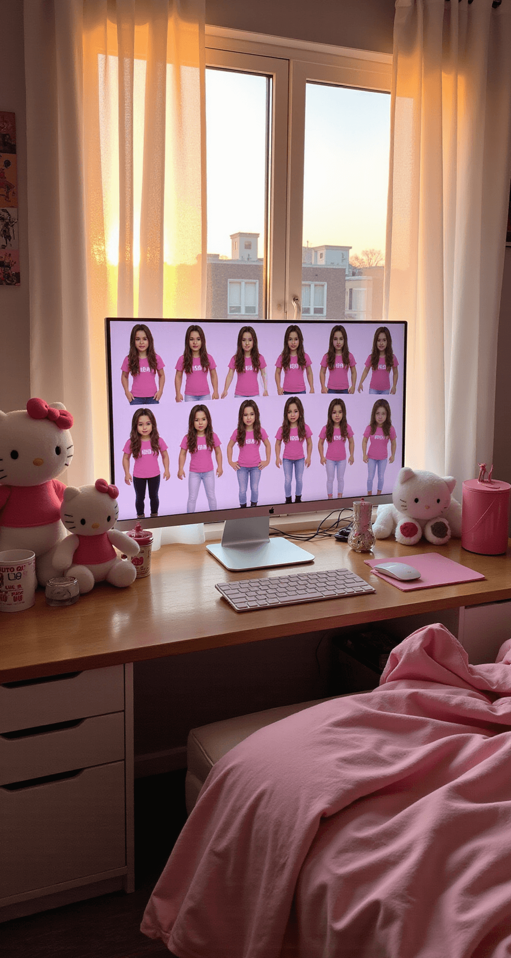A modern teenager's bedroom during golden hour, illuminated by warm light, showcasing a pink and white gaming setup with a sleek monitor displaying Roblox avatar screenshots and organized Sanrio merchandise, including a Hello Kitty mouse pad and plush toys.