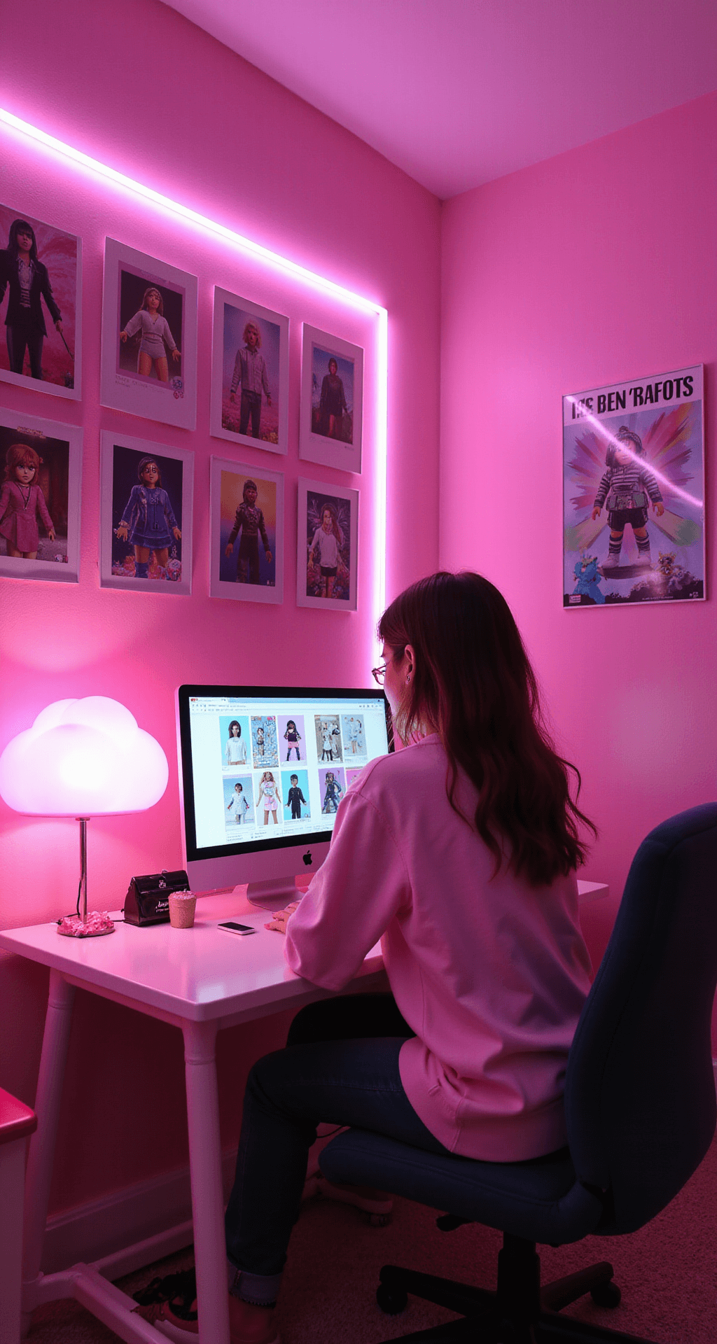 A cozy Gen-Z bedroom corner with soft LED strip lights, showcasing a wall-mounted display of Roblox character designs. Centered is a pink-themed workspace where a young creator experiments with virtual outfits. The room features vaporwave-inspired posters, crystal decorations, and a pink cloud lamp, creating an inviting ambiance for digital fashion creation.
