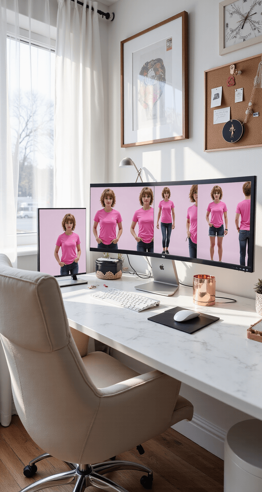 A minimalist home office with diffused natural light, featuring a large monitor displaying Roblox screenshots of pink t-shirt styles, a white marble desk, rose gold accessories, and a preppy fashion mood board.