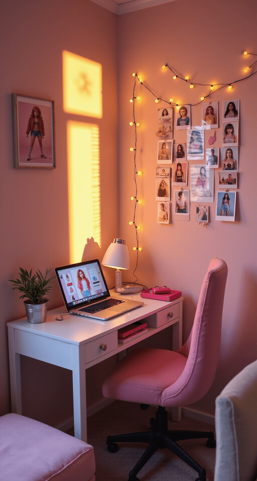 A cozy bedroom corner bathed in golden sunset light, featuring a white desk with pink accents, a laptop showing Roblox character customization, a vintage polaroid wall collage of avatar screenshots, fairy lights, and pastel gaming peripherals.