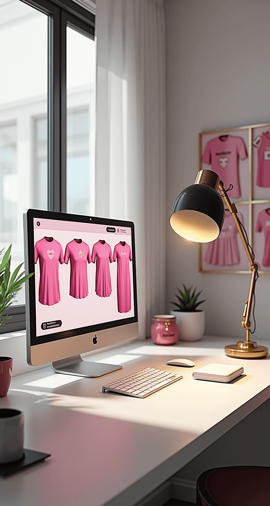 A bright modern content creation space with a professional photography setup, featuring a large monitor showcasing pink t-shirt designs, inspiration boards of virtual fashion styles, and pink and gold accessories against clean white surfaces.