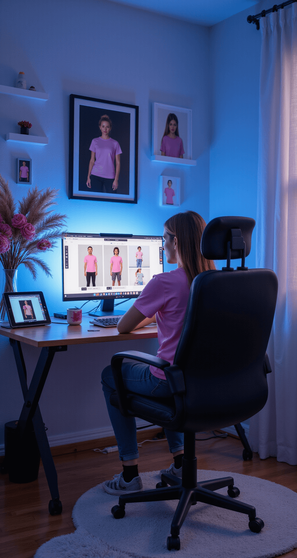 A cozy home studio illuminated by cool evening light, showcasing a digital fashion design session with a Roblox avatar on multiple screens, displaying various pink t-shirt styles, complemented by dried flowers, pastel gaming accessories, and a curated collection of virtual fashion inspiration.