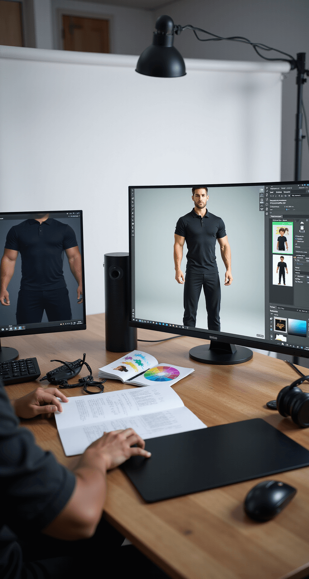 A professional photography studio captures a digital avatar customization scene with sleek monitors displaying Roblox character designs, soft lighting highlighting a designer's workspace featuring dual screens and a graphic tablet, while focusing on a detailed 3D model in a black athletic polo against a minimalist backdrop.
