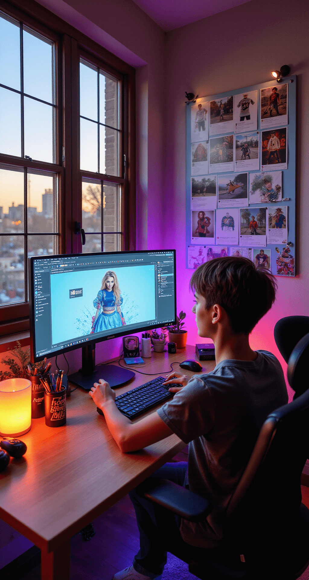 A vibrant content creator studio filled with warm afternoon light, featuring a young designer working on transparent PNG designs of athletic wear on an ultrawide monitor, surrounded by a mood board of Roblox fashion and Pinterest inspiration, with a desk adorned with gaming merchandise and LED lighting, captured from a 45-degree overhead angle.