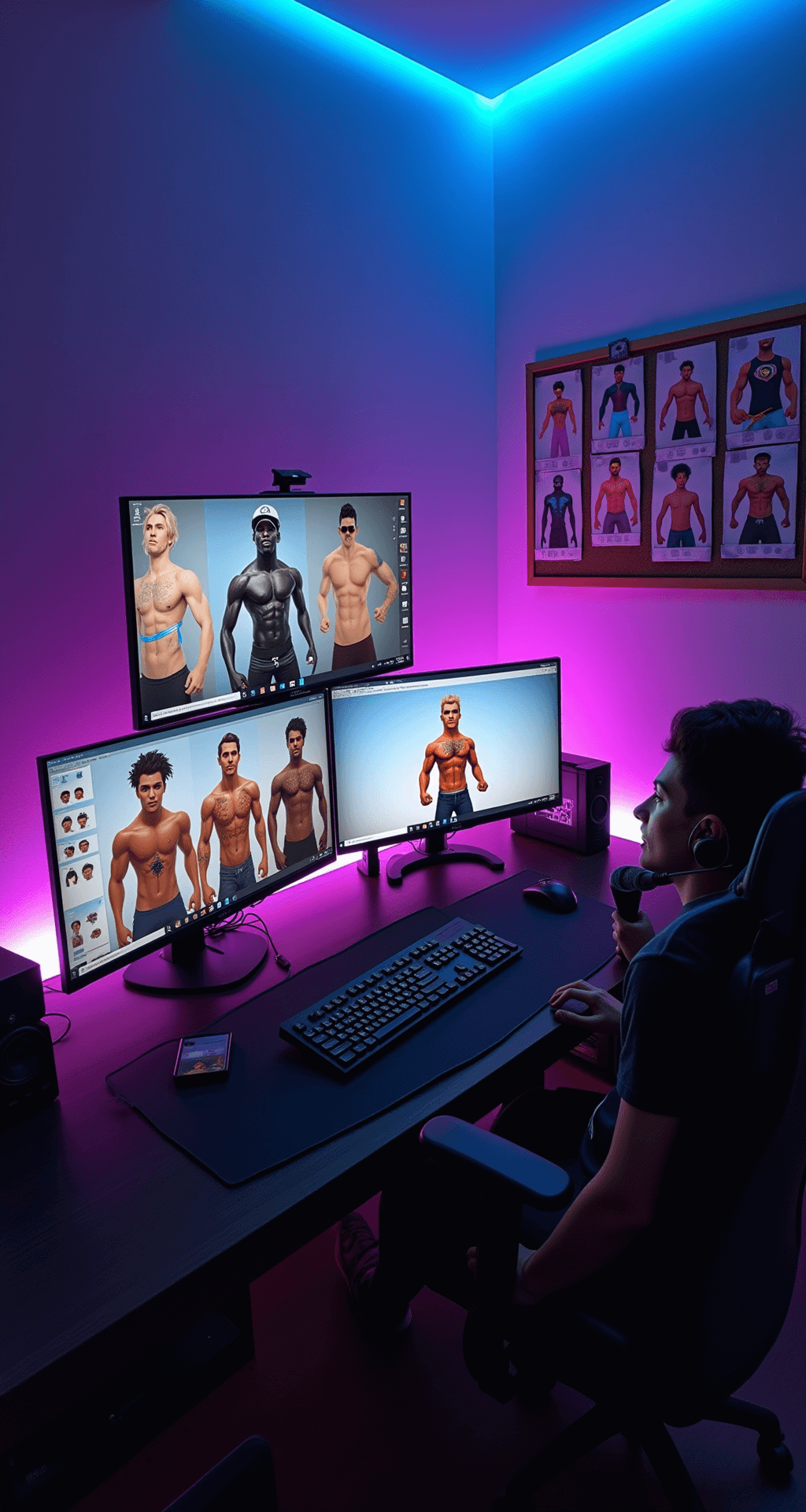 A modern gaming room featuring ambient RGB lighting in purple-blue hues, multiple monitors showing Roblox character customization, a professional streaming setup with a high-end microphone and camera, and popular abs shirt design reference sheets pinned to a cork board, all captured in cinematic wide angle.