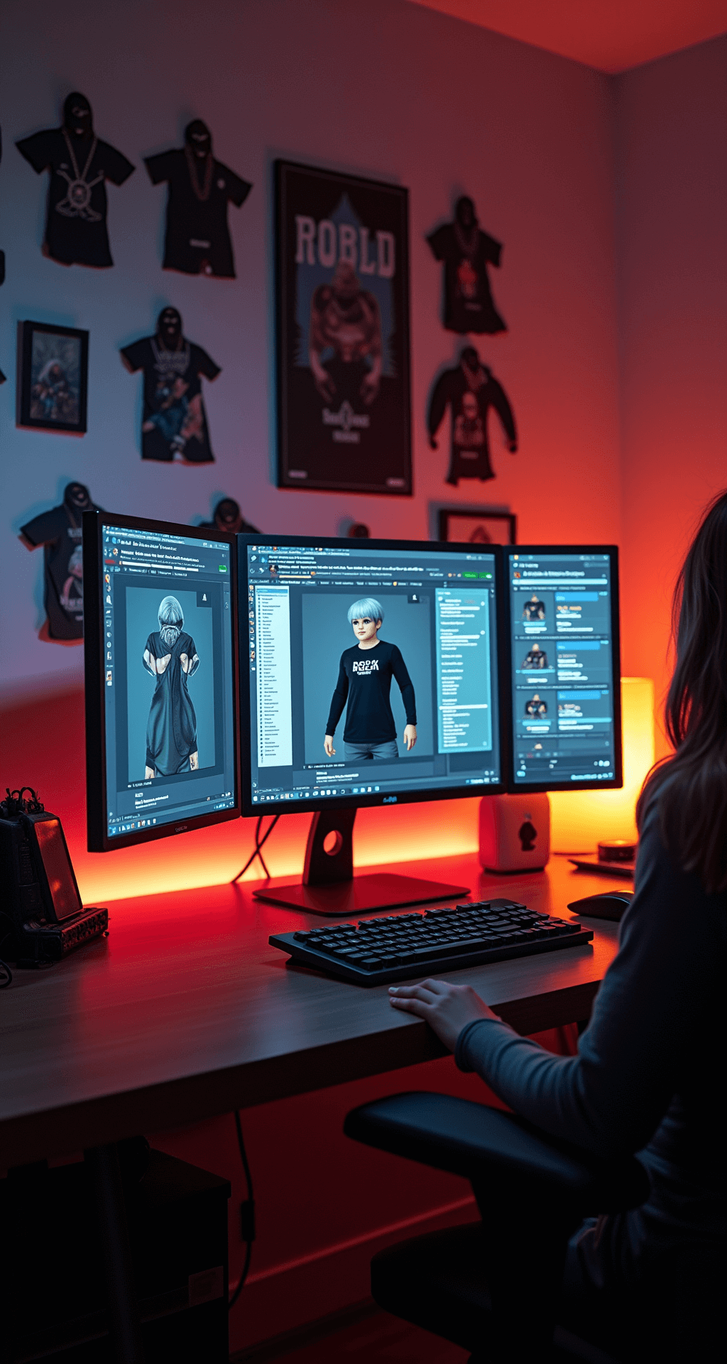 Cozy workspace of a content creator with warm desk lighting, featuring a main screen displaying a muscle shirt design in progress, vertical monitor showing trending Roblox fashion, and an inspiration wall adorned with printed designs and color palettes, all captured in moody ambient lighting.