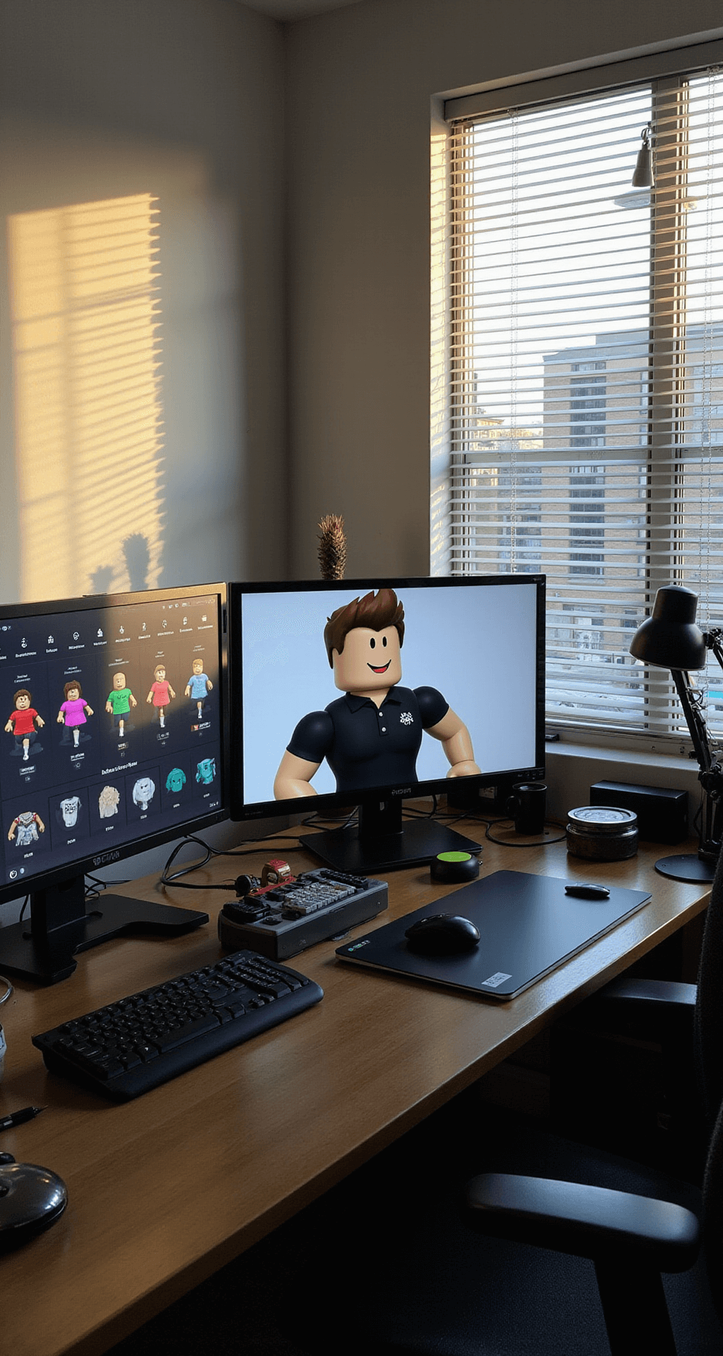 A modern gaming room featuring a multi-screen workstation with a center display showcasing a Roblox character in a black polo, emphasizing muscle definition, flanked by side monitors displaying design variations. The clean desk setup includes a professional drawing tablet and organized reference materials, all illuminated by dynamic afternoon lighting from a nearby window, captured from a slightly elevated angle.