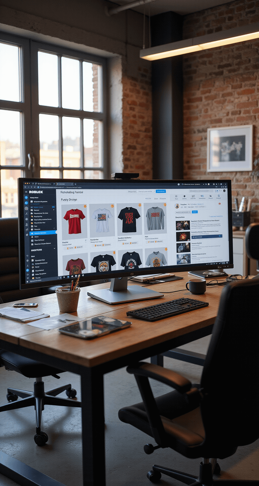 A modern design studio illuminated by morning light, showcasing an ultrawide monitor displaying a curated Roblox abs shirt collection, surrounded by organized trend forecasting materials and social media feeds, with a secondary screen featuring design templates.