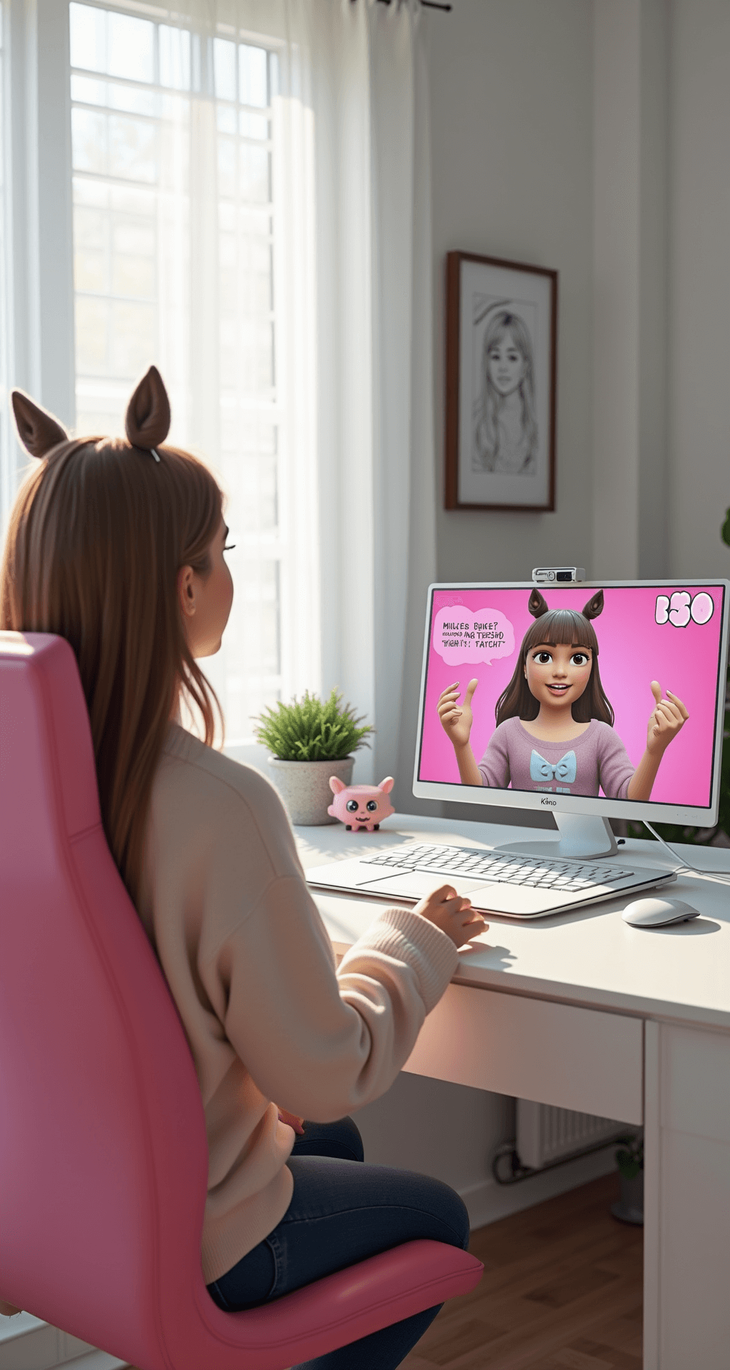 A fashion influencer sits at a sleek white desk in a bright, minimalist home studio, filming a Roblox avatar customization tutorial on her laptop. She is animatedly explaining Milkies T-shirt styling while wearing a pastel oversized sweater and hair clips that match popular Roblox accessories. The workspace features a pink gaming chair, aesthetic LED lights, and cute desk accessories, all flooded with natural morning light.
