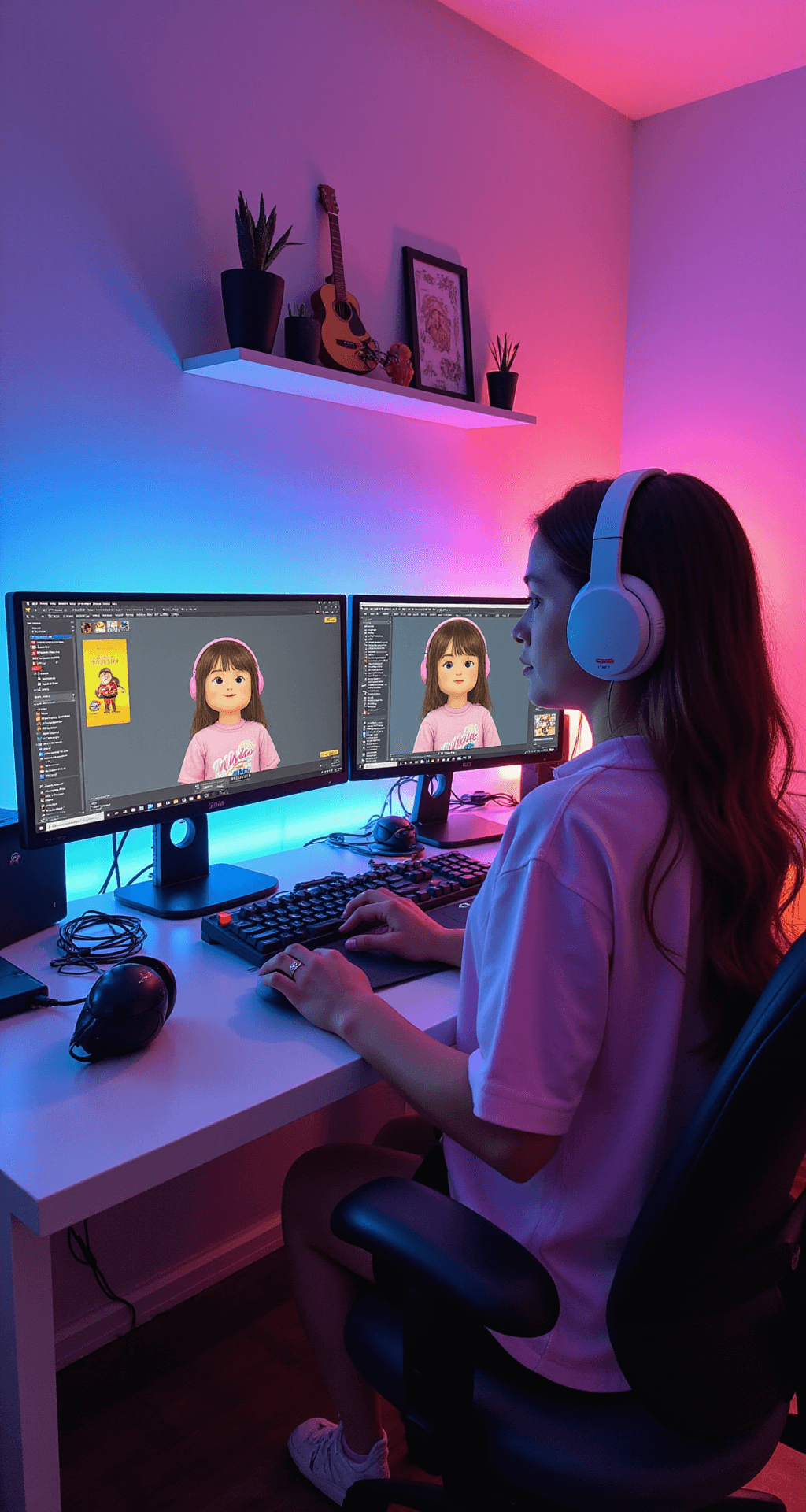 A vibrant modern gaming room illuminated by RGB backlights during golden hour, featuring a young content creator recording a TikTok on dual monitors, showcasing Roblox avatar customization. The setup includes a professional microphone, streamdeck, and cute gaming accessories. The creator wears a pastel gaming headset that matches her avatar's Milkies shirt aesthetic, all captured in a wide-angle shot.