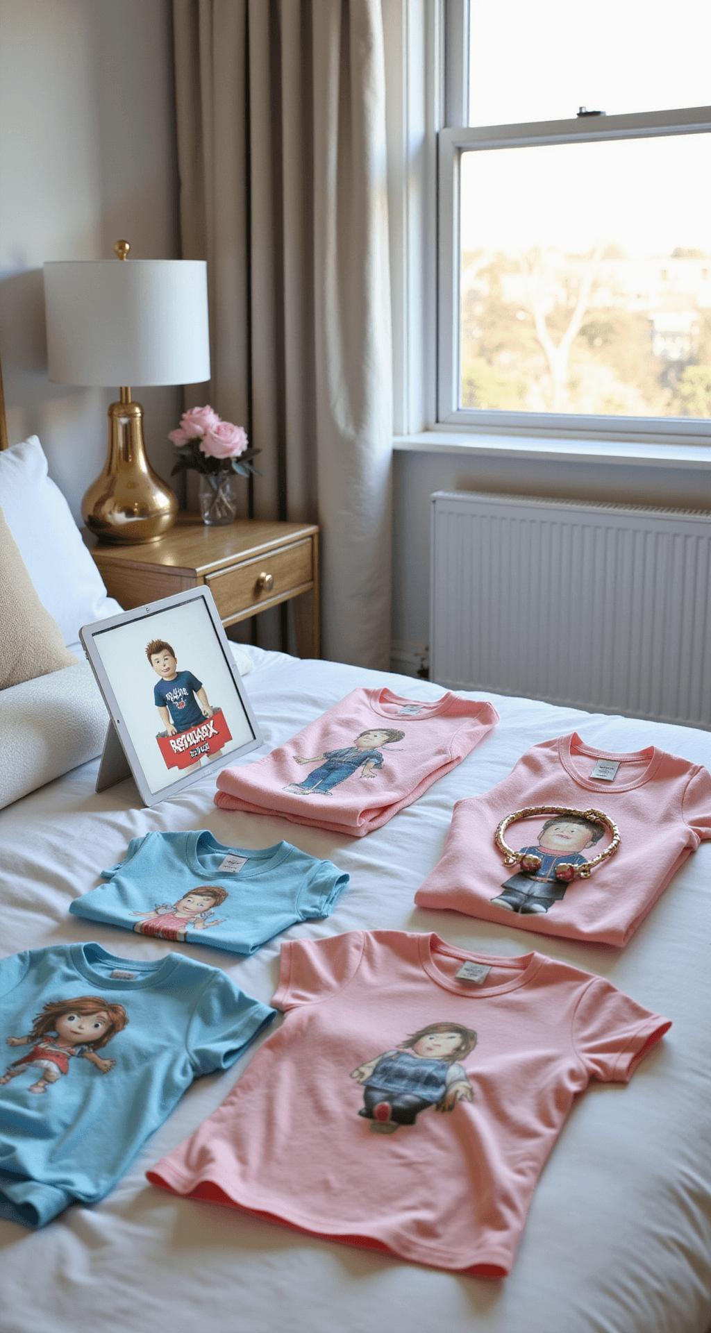 A bright, contemporary bedroom featuring floor-to-ceiling windows with late morning light. A white bed is adorned with various outfit styling options, including physical clothes and a tablet showing coordinating Roblox looks, all in a pastel palette with accessories matching Milkies shirt designs. The image is taken from above, highlighting the meticulous styling process.
