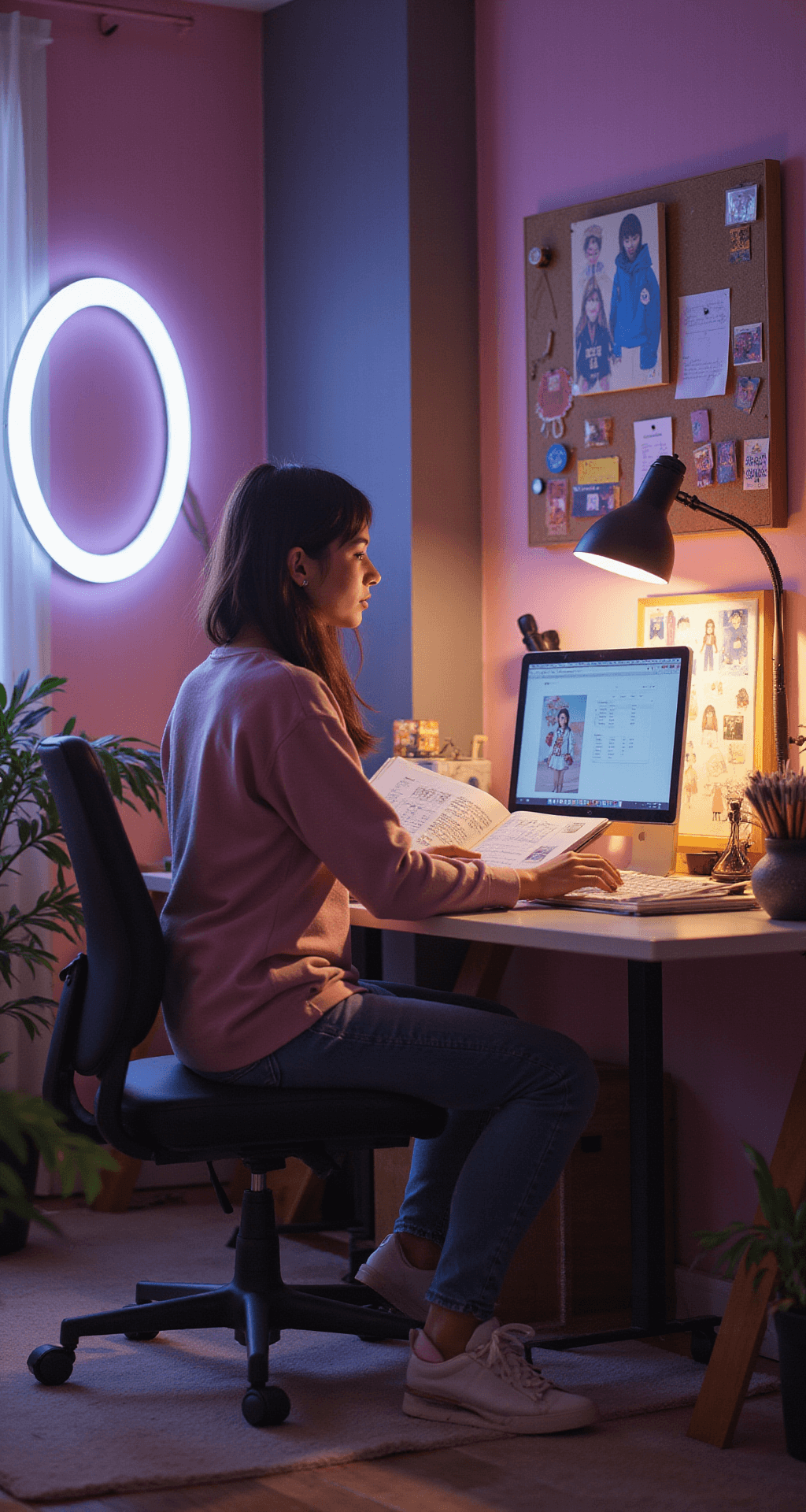A trendy home office illuminated by a soft ring light, featuring a fashion-focused gamer at an L-shaped desk reviewing Roblox design codes. The workspace includes organized notebooks with avatar sketches, color swatches, and a mood board for Milkies shirts. The gamer wears a casual-chic outfit that aligns with her virtual style, captured from the side to showcase both her digital and physical design elements.