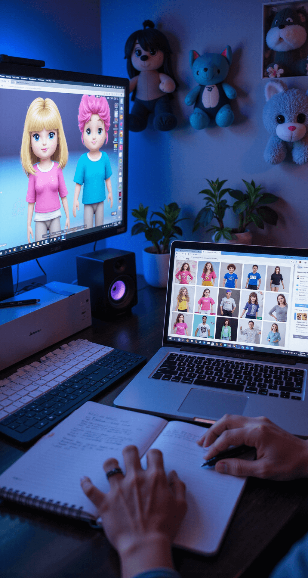 A cozy gaming corner at blue hour, featuring close-up hands typing on a laptop with vibrant neon accent lighting. Surrounded by kawaii plushies and accessories, a notebook with fashion designs and a sticker-covered laptop display a collection of playful avatar screenshots, focusing on Milkies shirt combinations. The scene captures an intimate and creative atmosphere.
