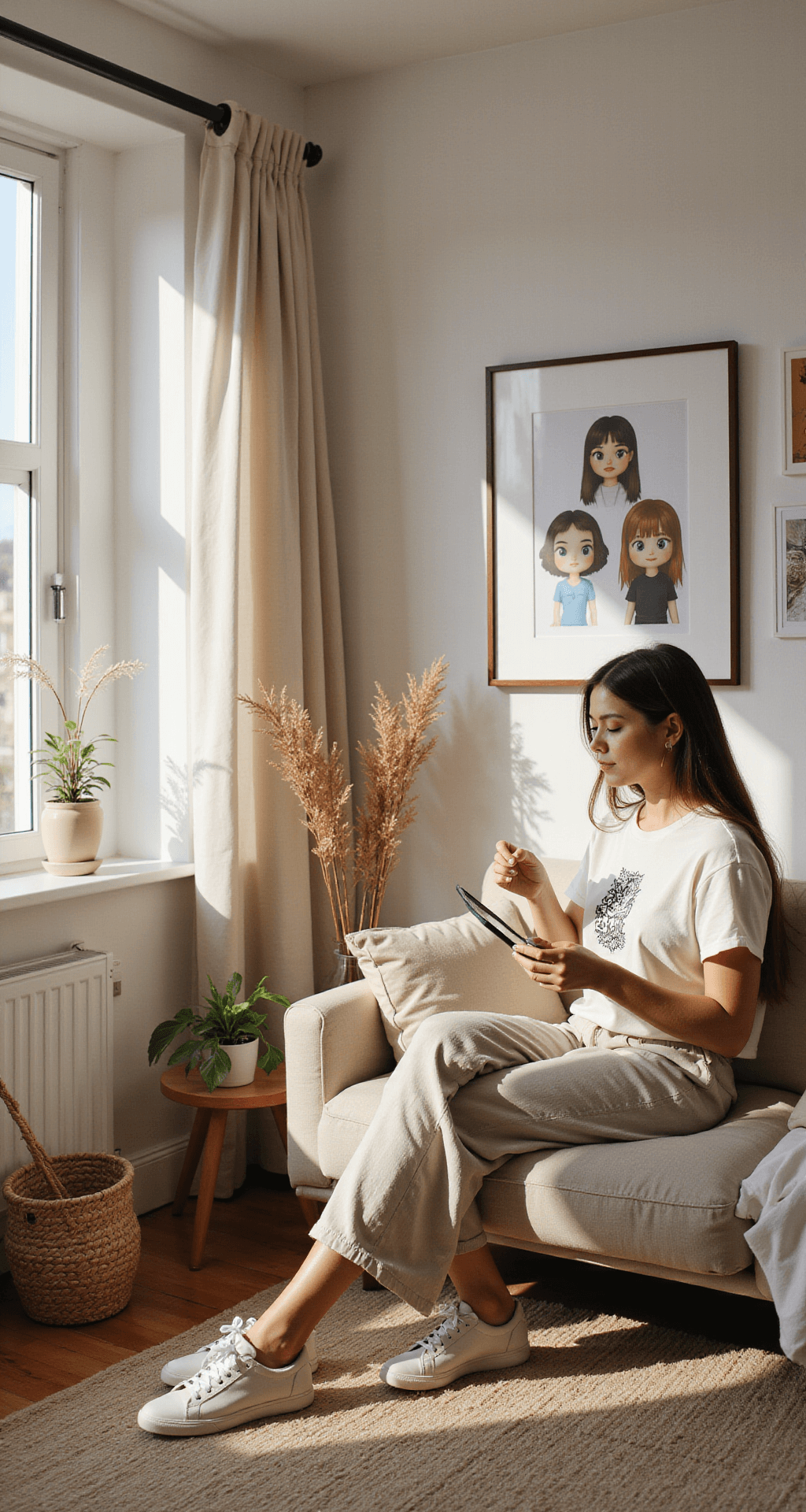 A sunlit minimalist Scandinavian living room hosts a fashion enthusiast leading a virtual Roblox styling session, surrounded by a gallery wall of avatar fashion, design resources, and a tablet with trends, as she mixes Milkies shirts while showcasing her coordinated outfit.